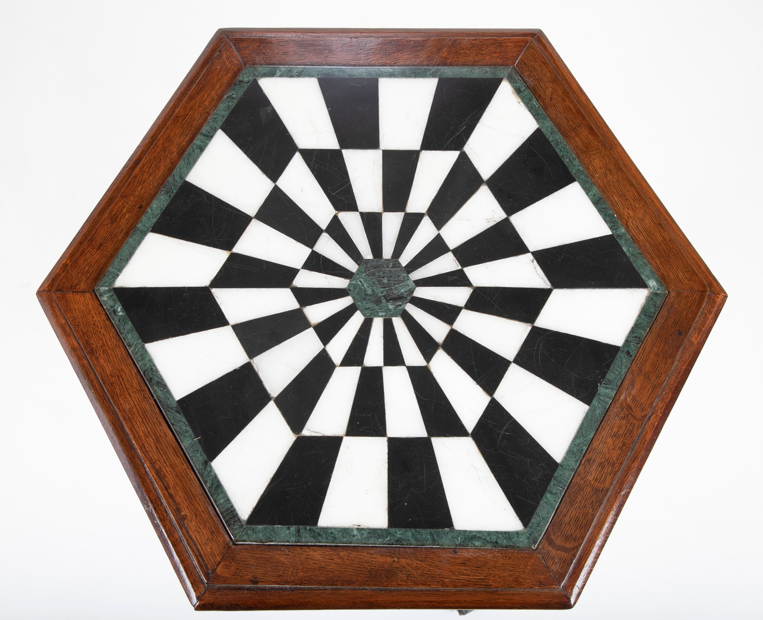 English Oak and Marble Top Occasional Table with Black & White Marble Dart Board Type Design