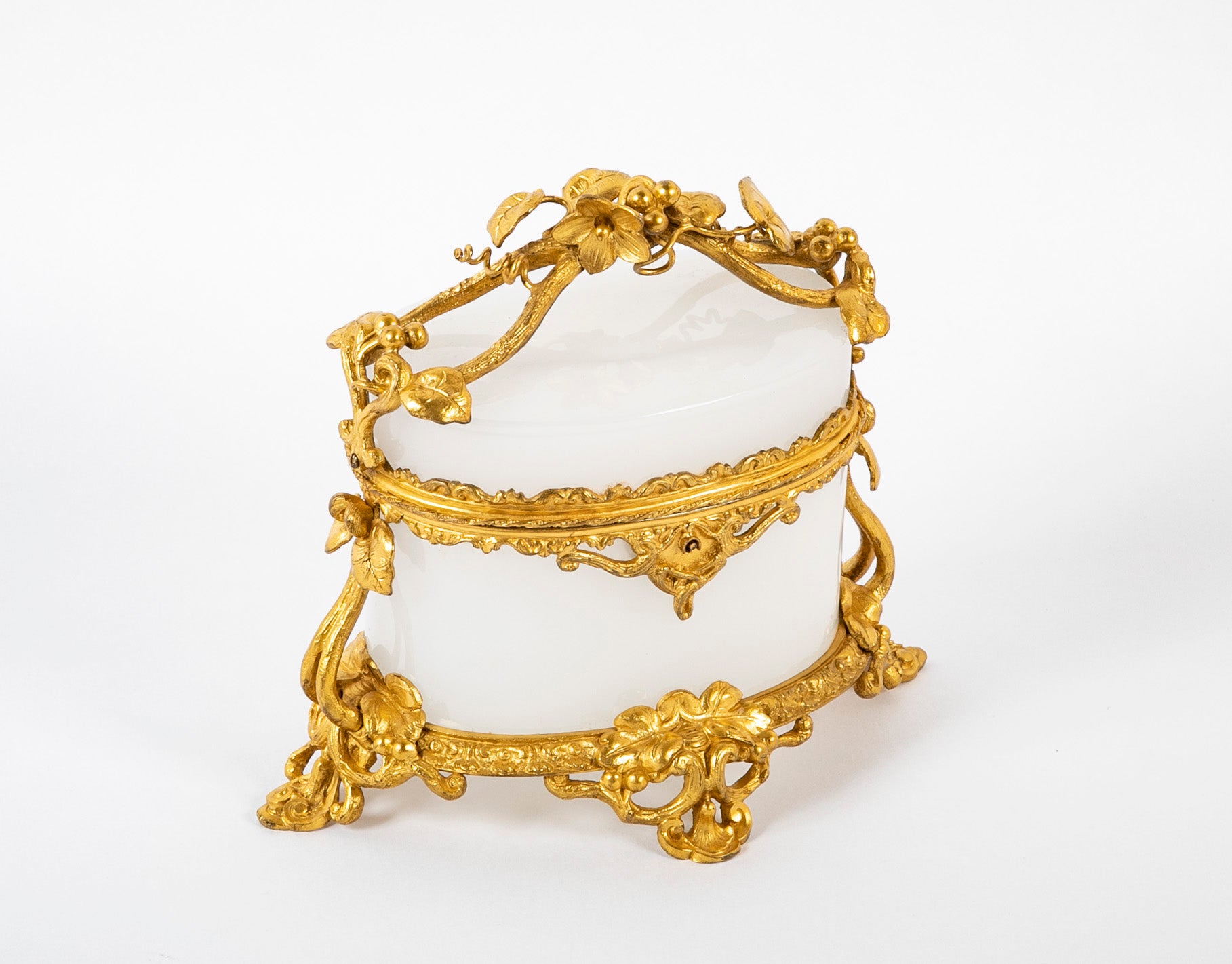 French 19th Century Oval White Opaline Glass Box with Ormolu Decoration