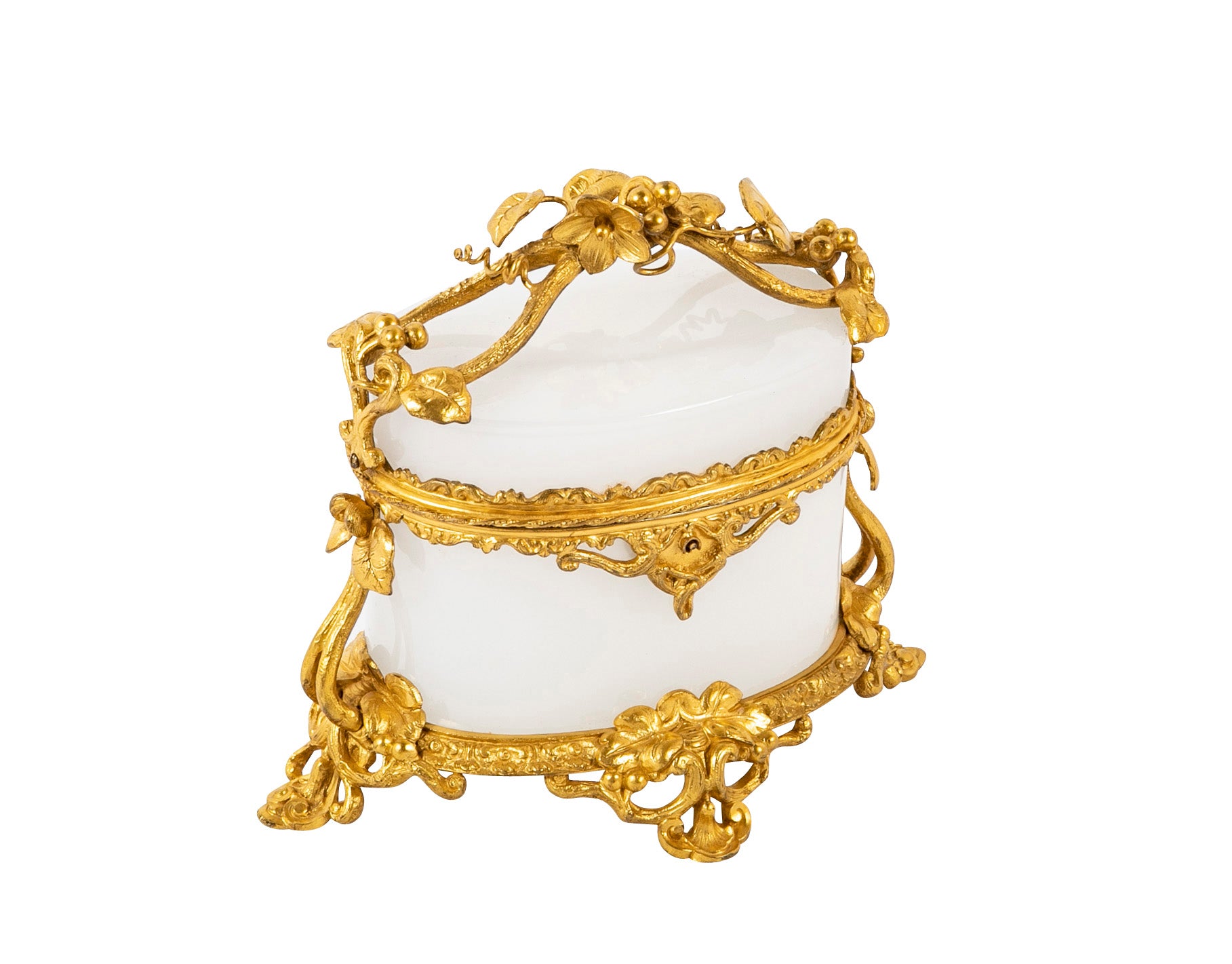 French 19th Century Oval White Opaline Glass Box with Ormolu Decoration