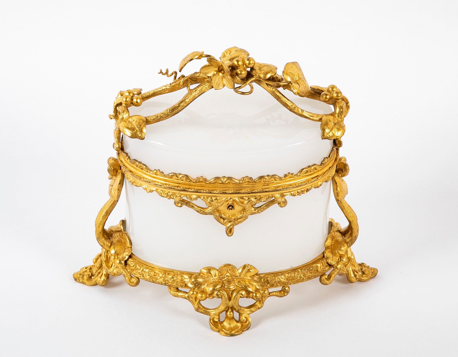 French 19th Century Oval White Opaline Glass Box with Ormolu Decoration