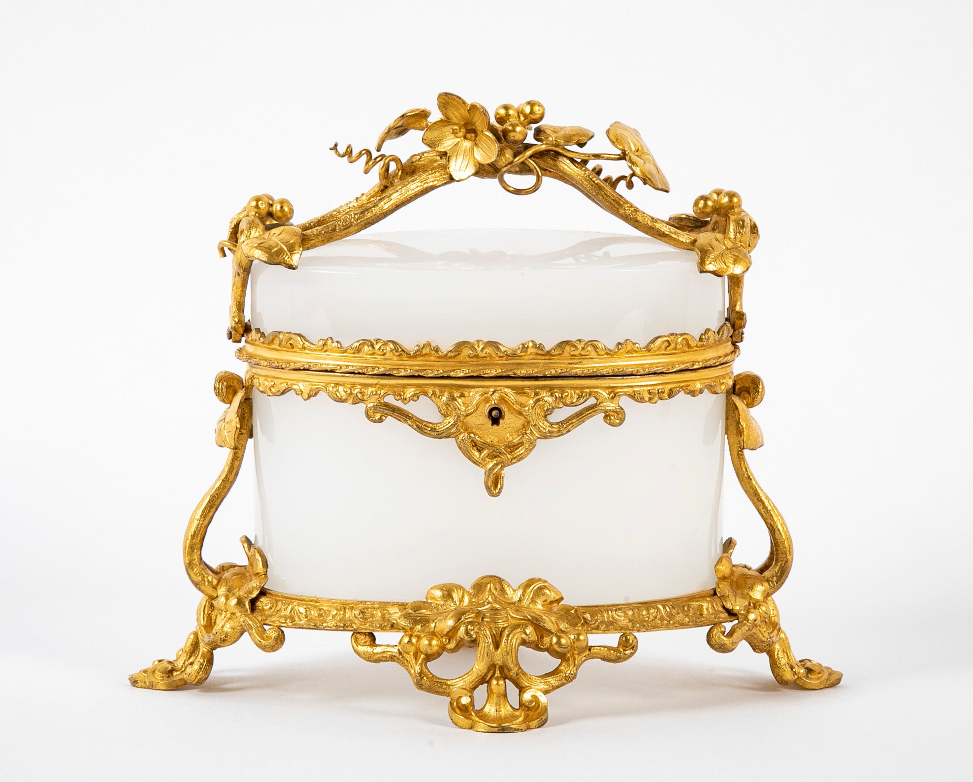 French 19th Century Oval White Opaline Glass Box with Ormolu Decoration