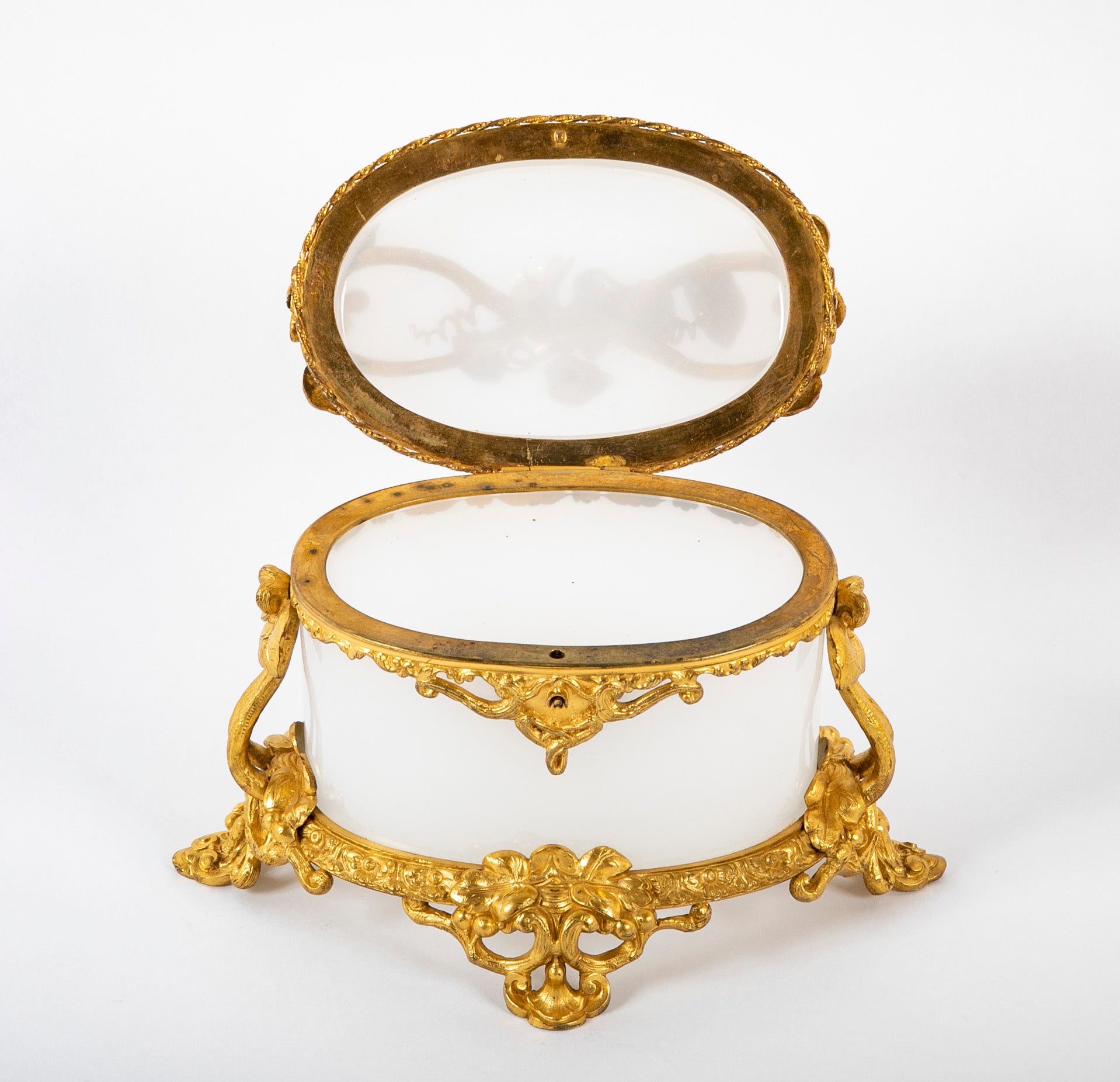 French 19th Century Oval White Opaline Glass Box with Ormolu Decoration
