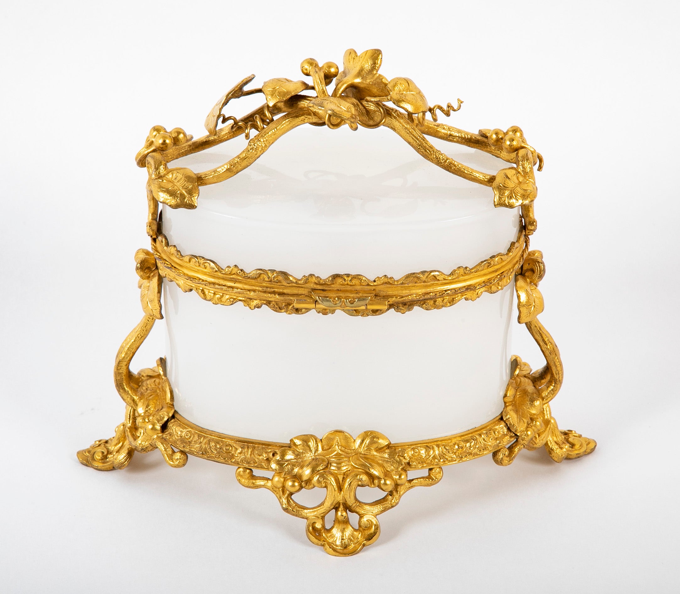 French 19th Century Oval White Opaline Glass Box with Ormolu Decoration