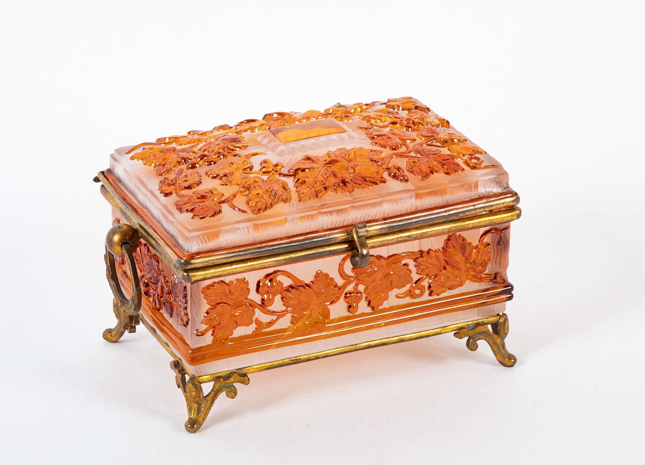 Antique Baccarat Acid Etched Cameo Glass Box with Leaf & Vine Motif