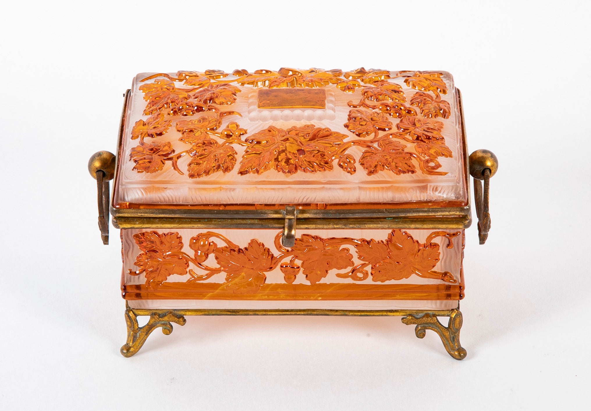 Antique Baccarat Acid Etched Cameo Glass Box with Leaf & Vine Motif