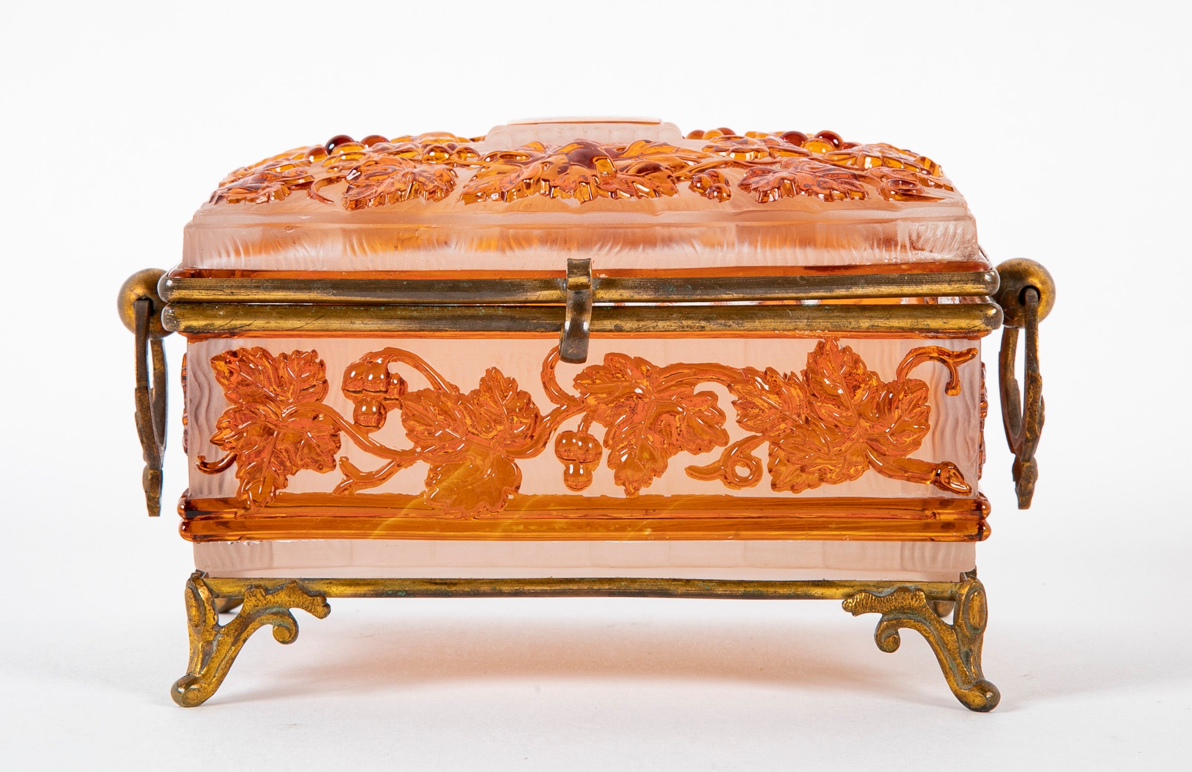 Antique Baccarat Acid Etched Cameo Glass Box with Leaf & Vine Motif