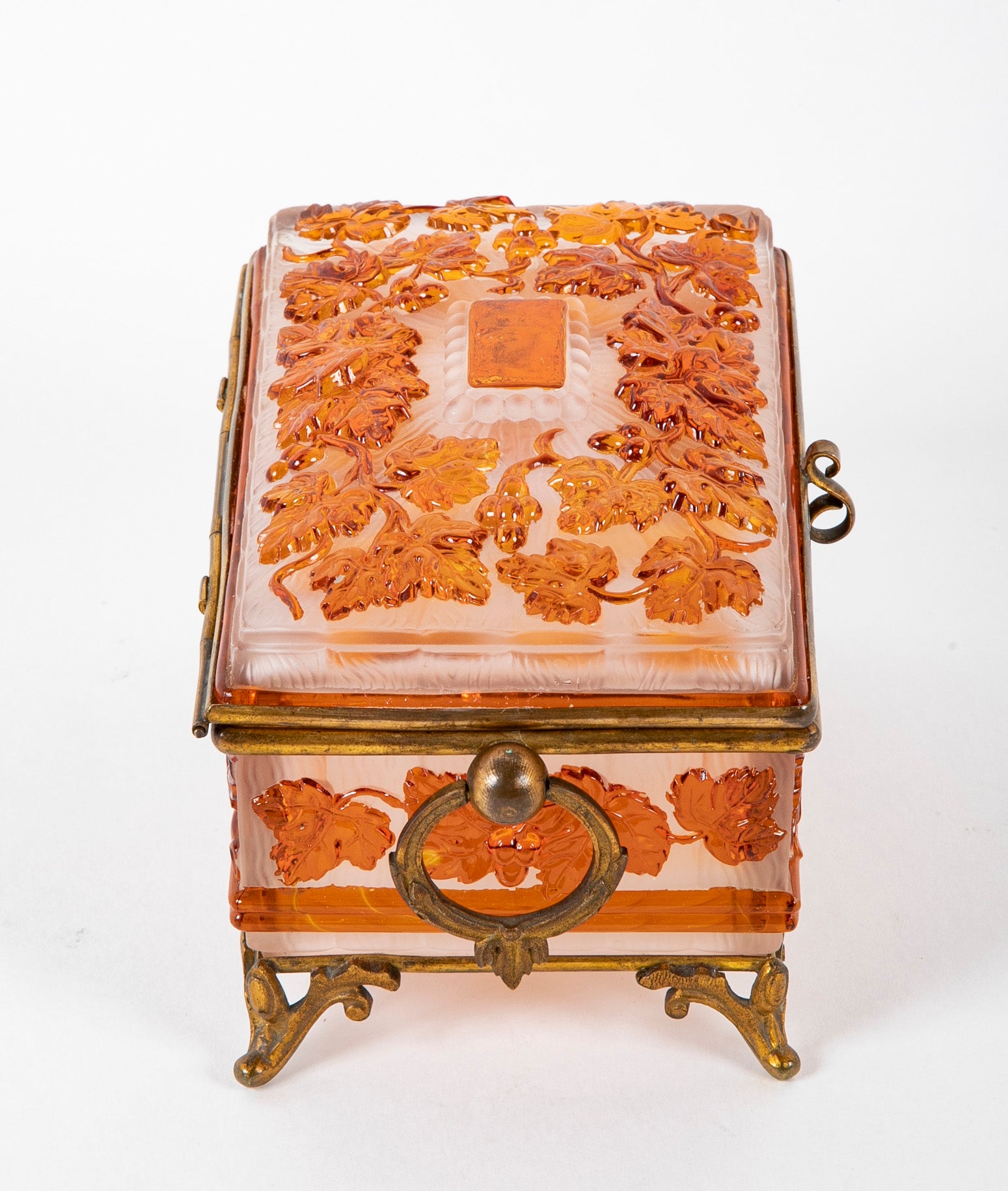 Antique Baccarat Acid Etched Cameo Glass Box with Leaf & Vine Motif