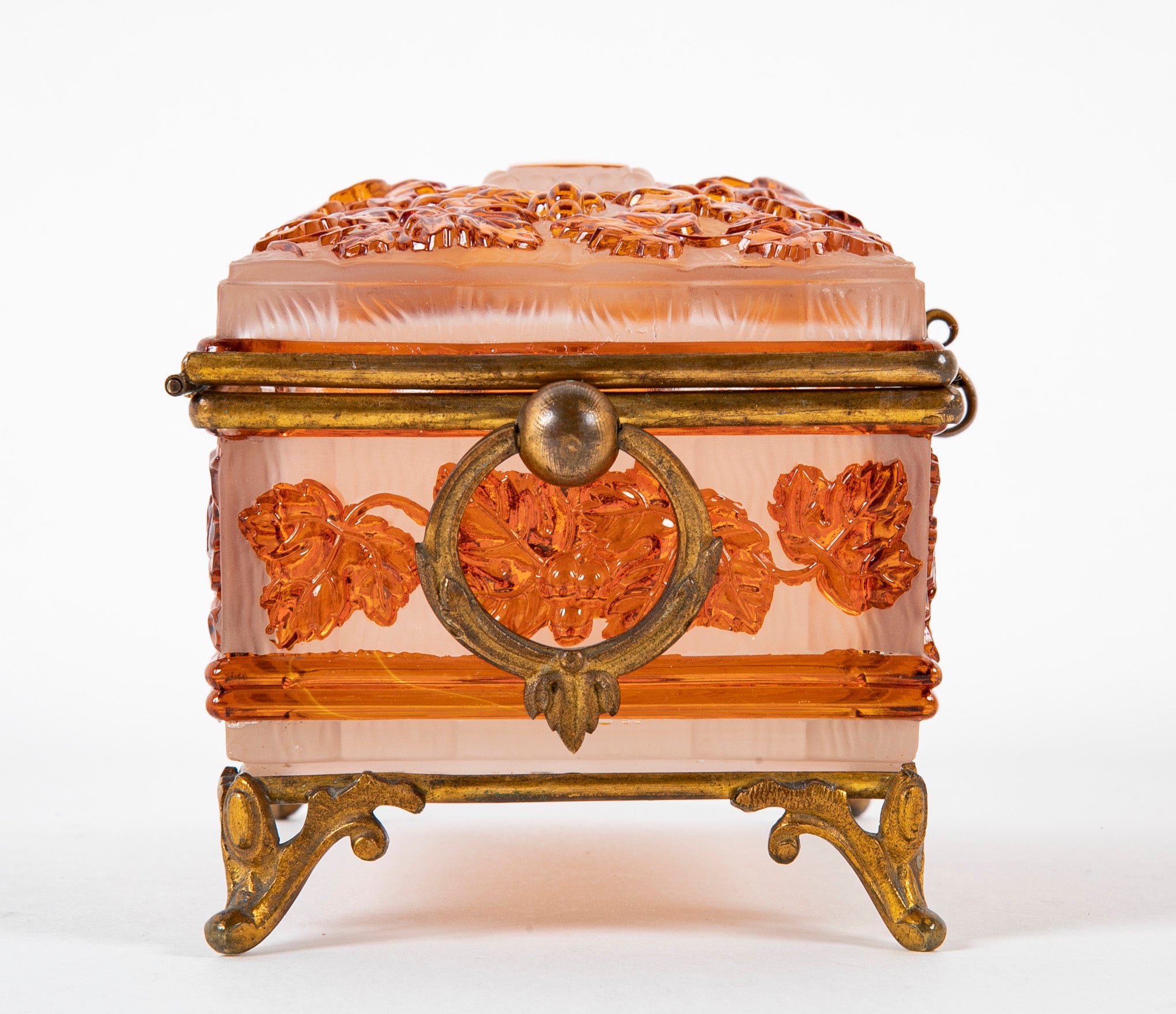 Antique Baccarat Acid Etched Cameo Glass Box with Leaf & Vine Motif