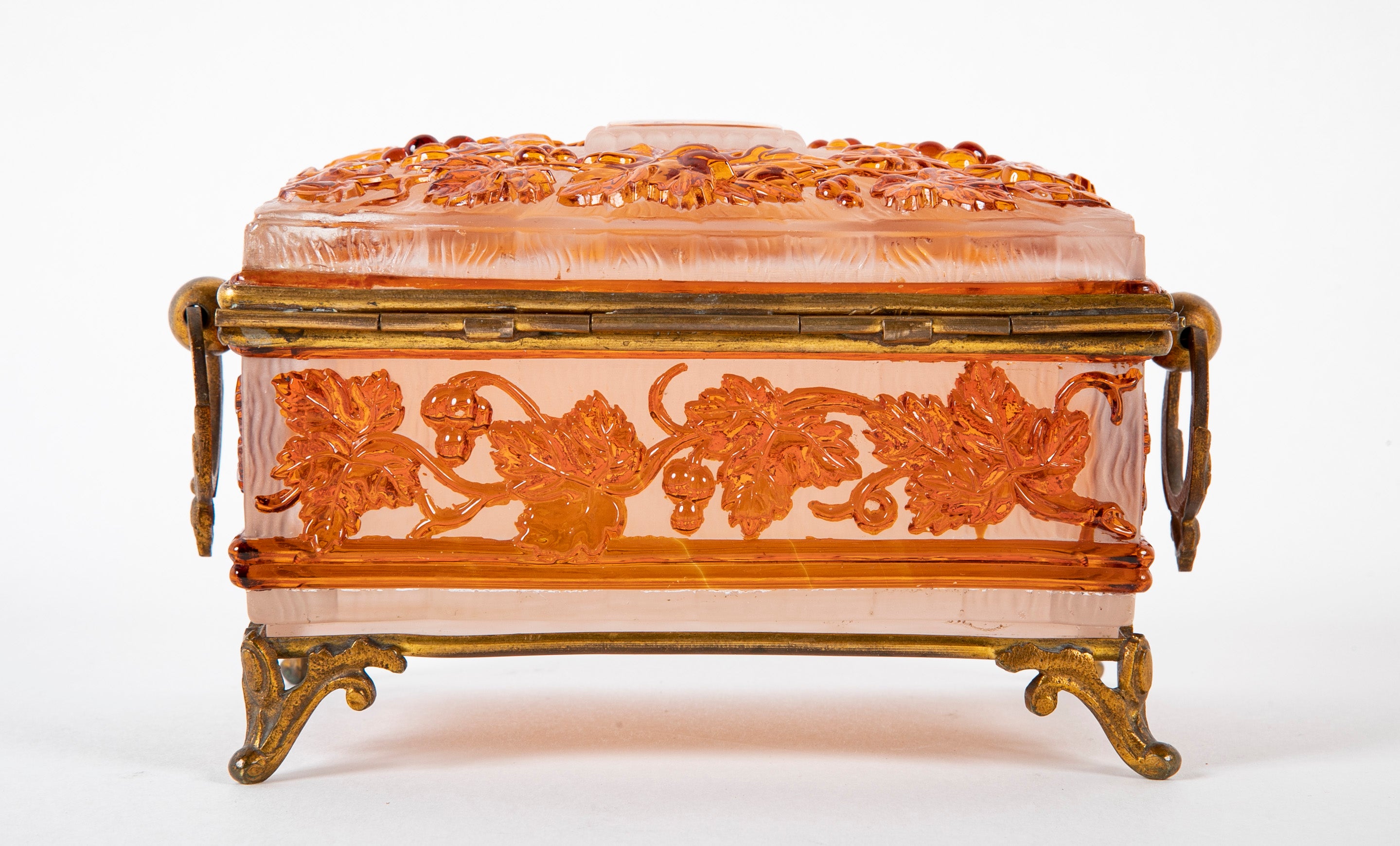 Antique Baccarat Acid Etched Cameo Glass Box with Leaf & Vine Motif