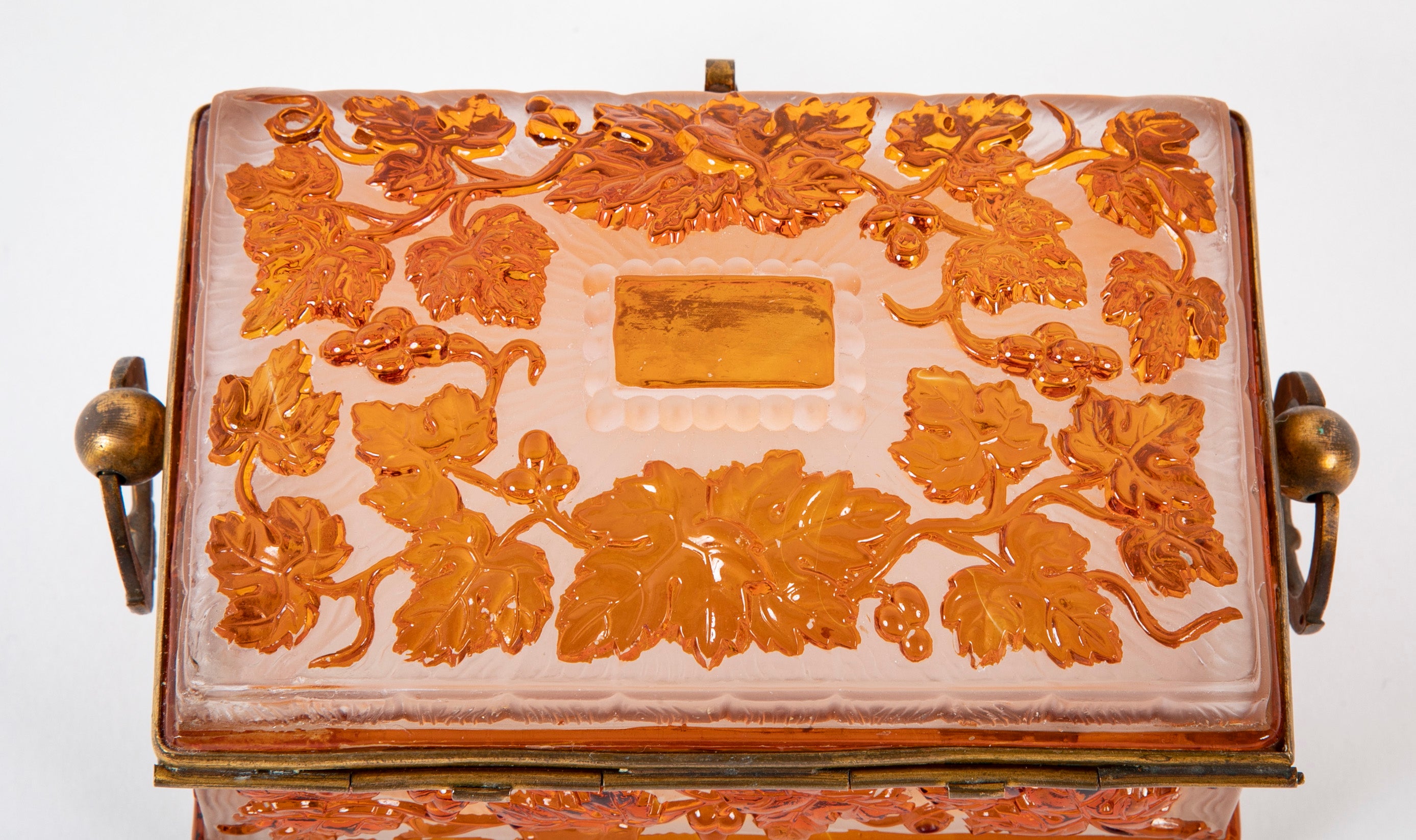 Antique Baccarat Acid Etched Cameo Glass Box with Leaf & Vine Motif