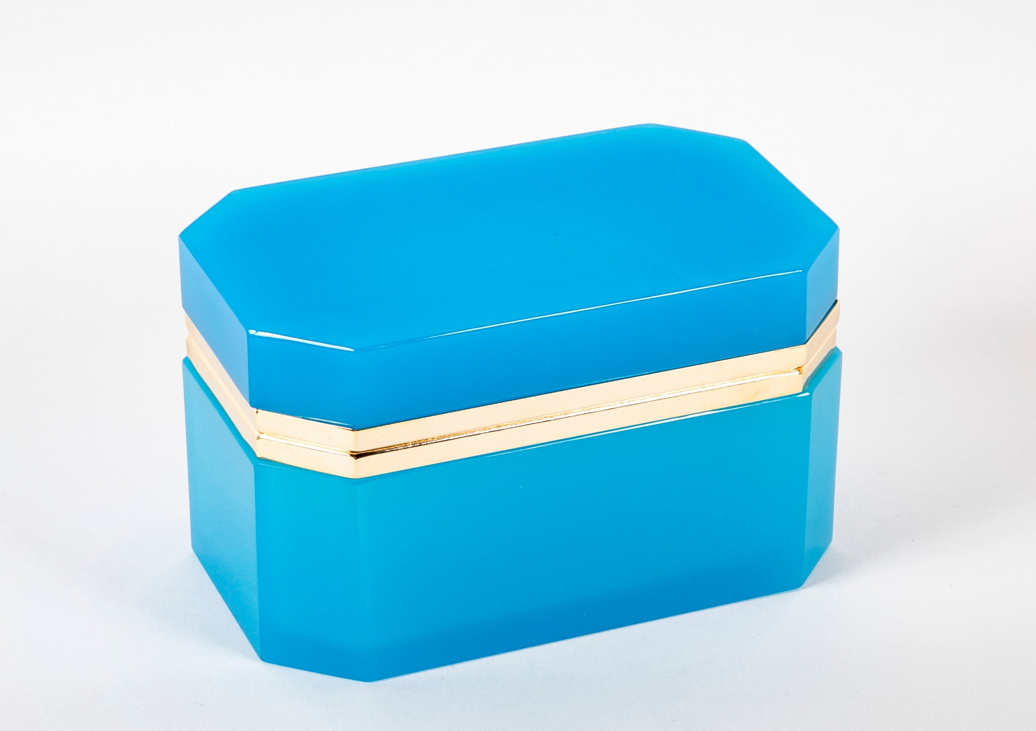 Large Turquoise Opaline Glass Box with Clipped Corners & Brass Mounts