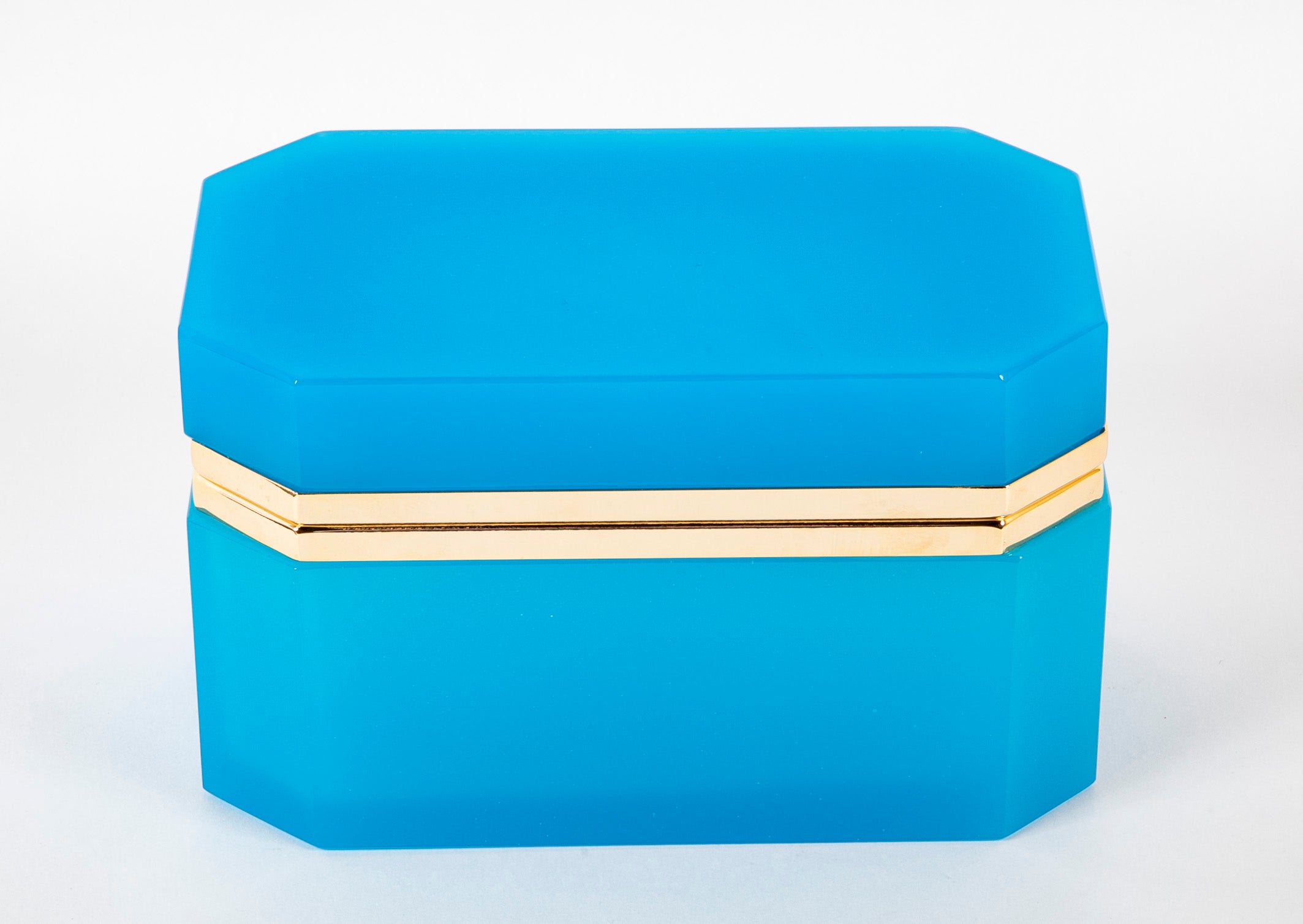 Large Turquoise Opaline Glass Box with Clipped Corners & Brass Mounts