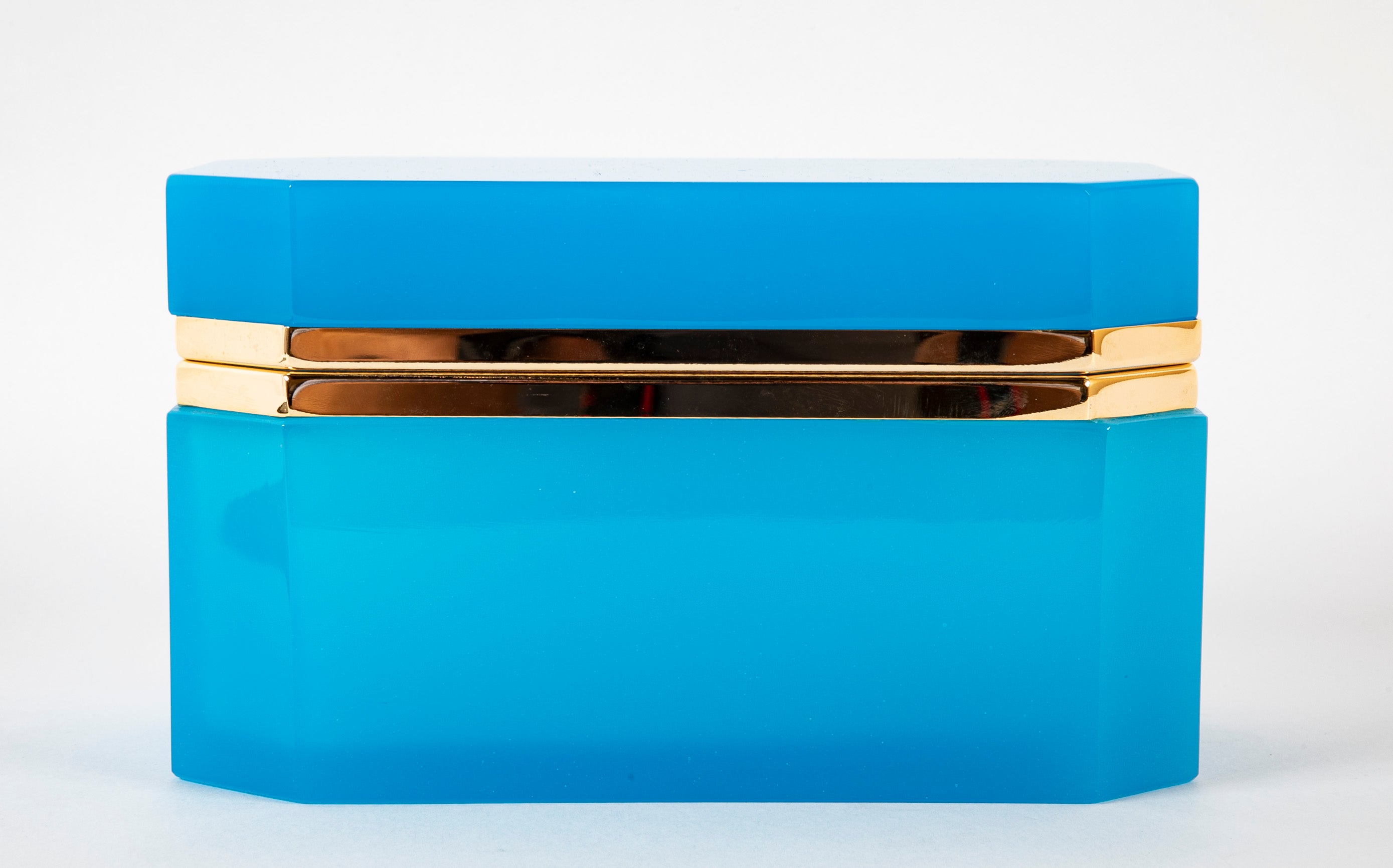 Large Turquoise Opaline Glass Box with Clipped Corners & Brass Mounts