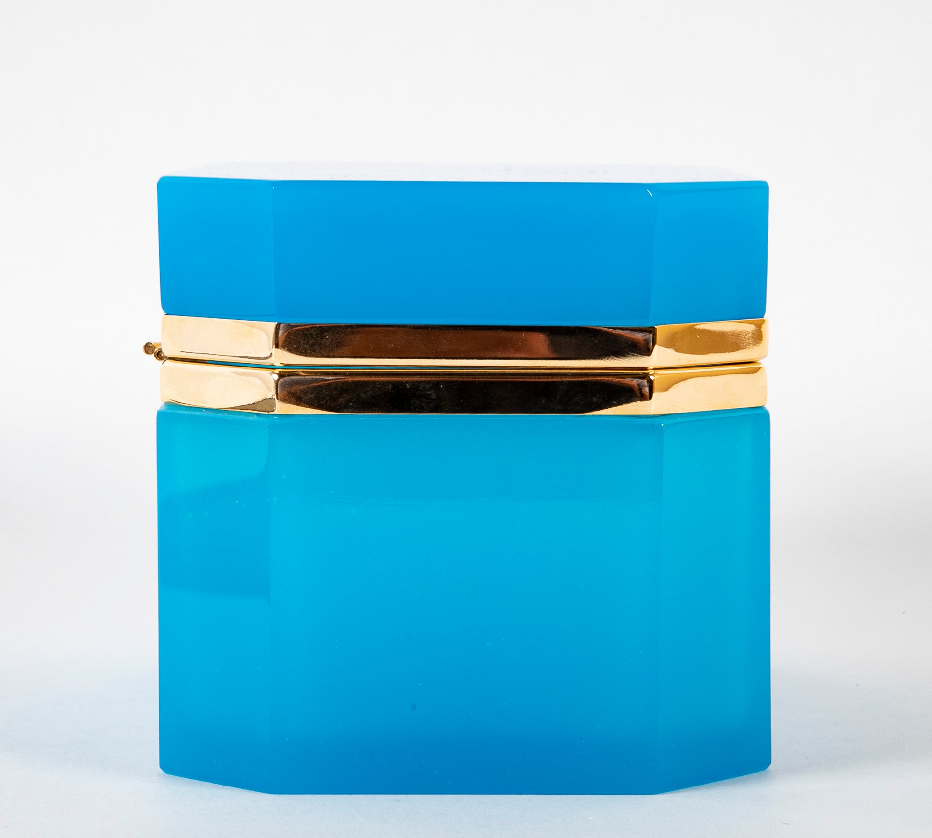 Large Turquoise Opaline Glass Box with Clipped Corners & Brass Mounts