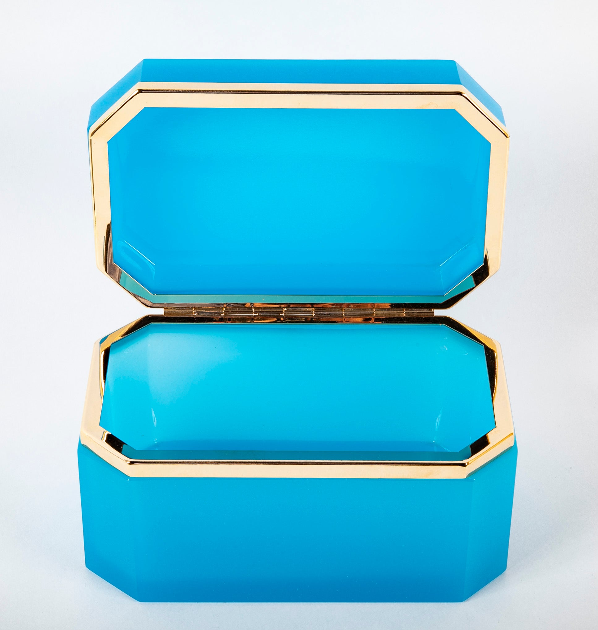 Large Turquoise Opaline Glass Box with Clipped Corners & Brass Mounts