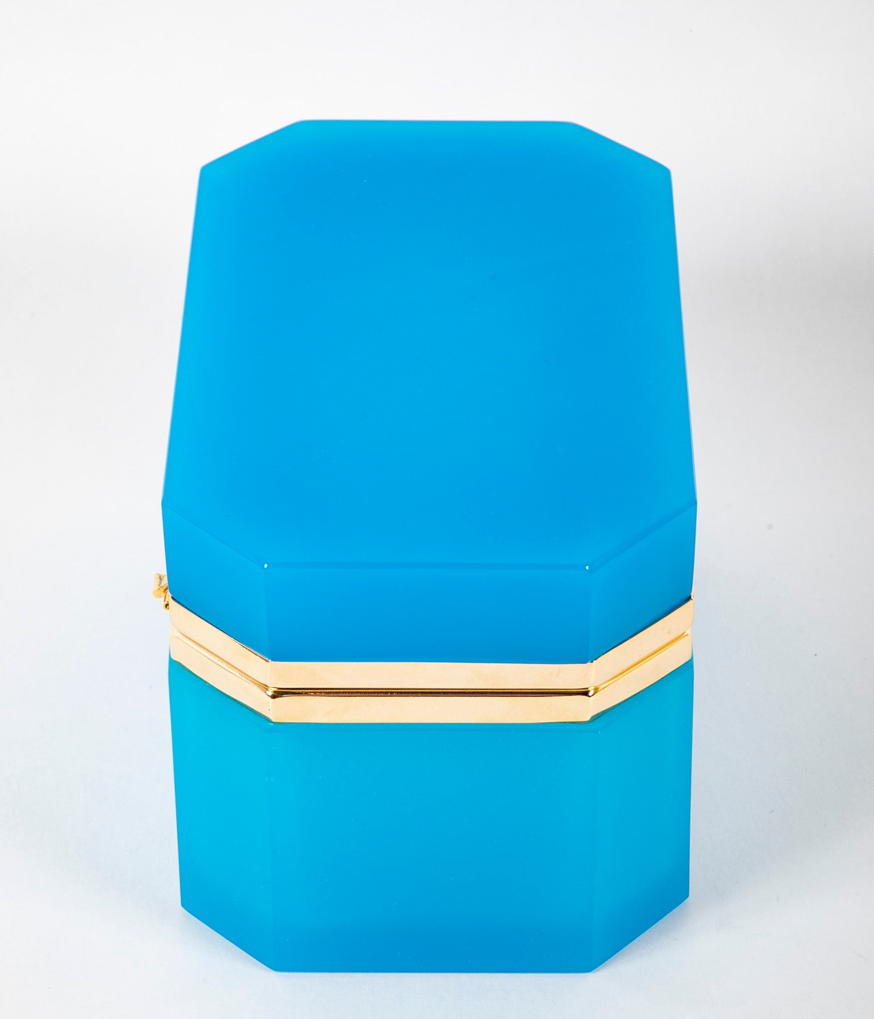 Large Turquoise Opaline Glass Box with Clipped Corners & Brass Mounts