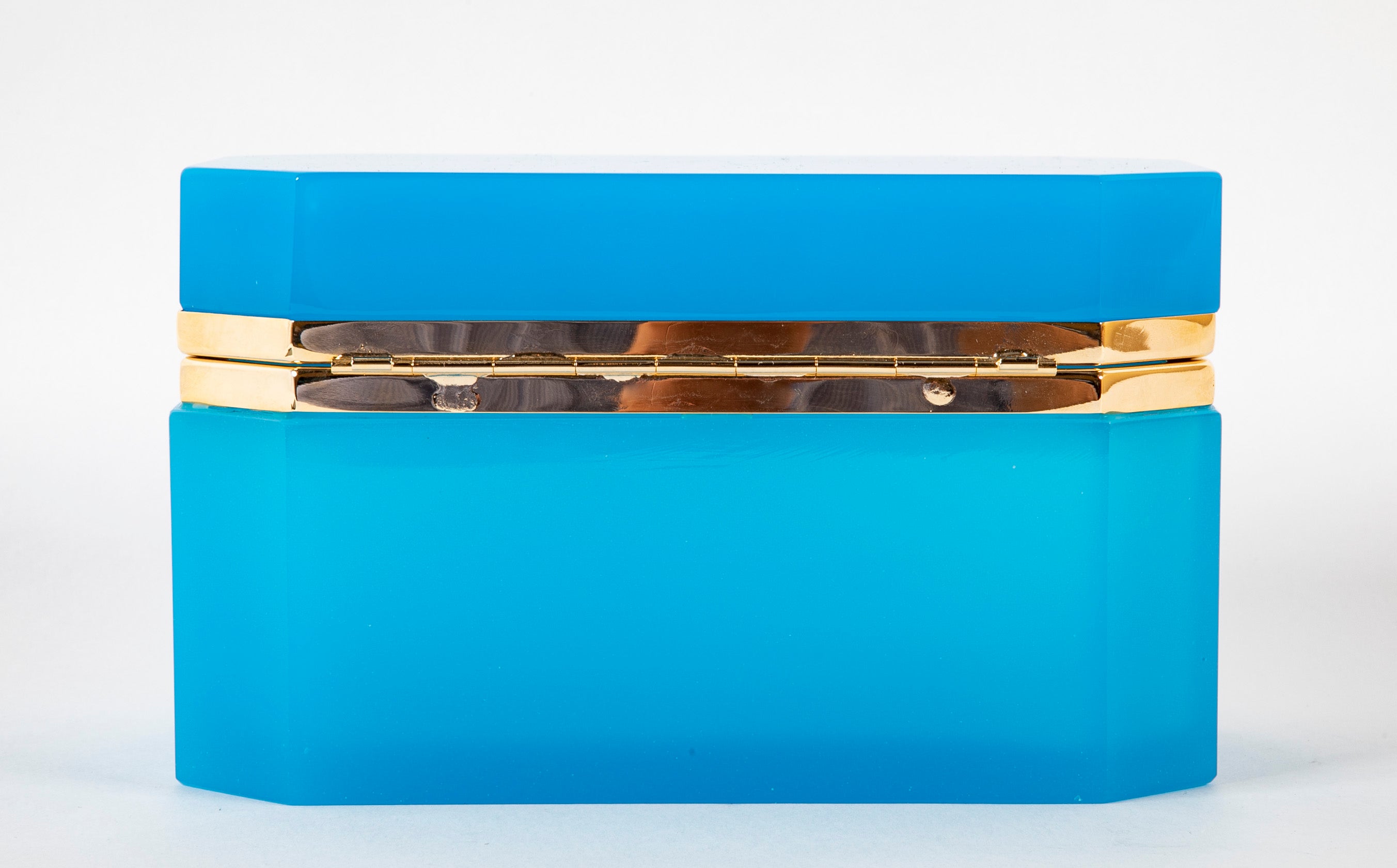 Large Turquoise Opaline Glass Box with Clipped Corners & Brass Mounts