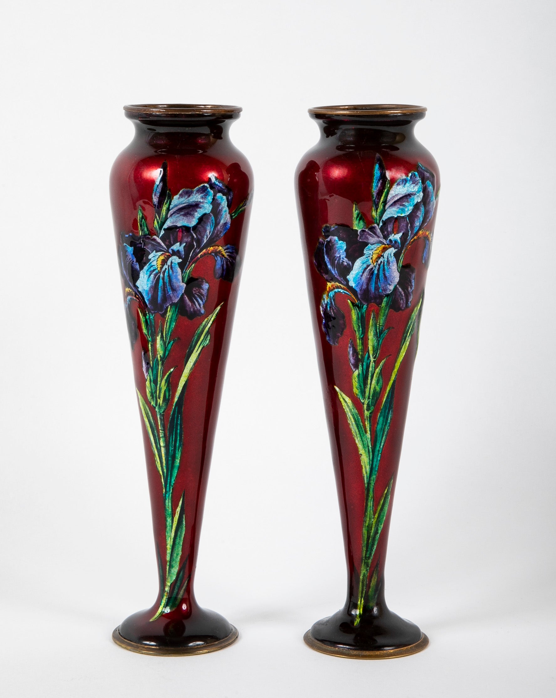 Pair of Signed Camille Faure Enamel on Copper Vases Depicting Iris