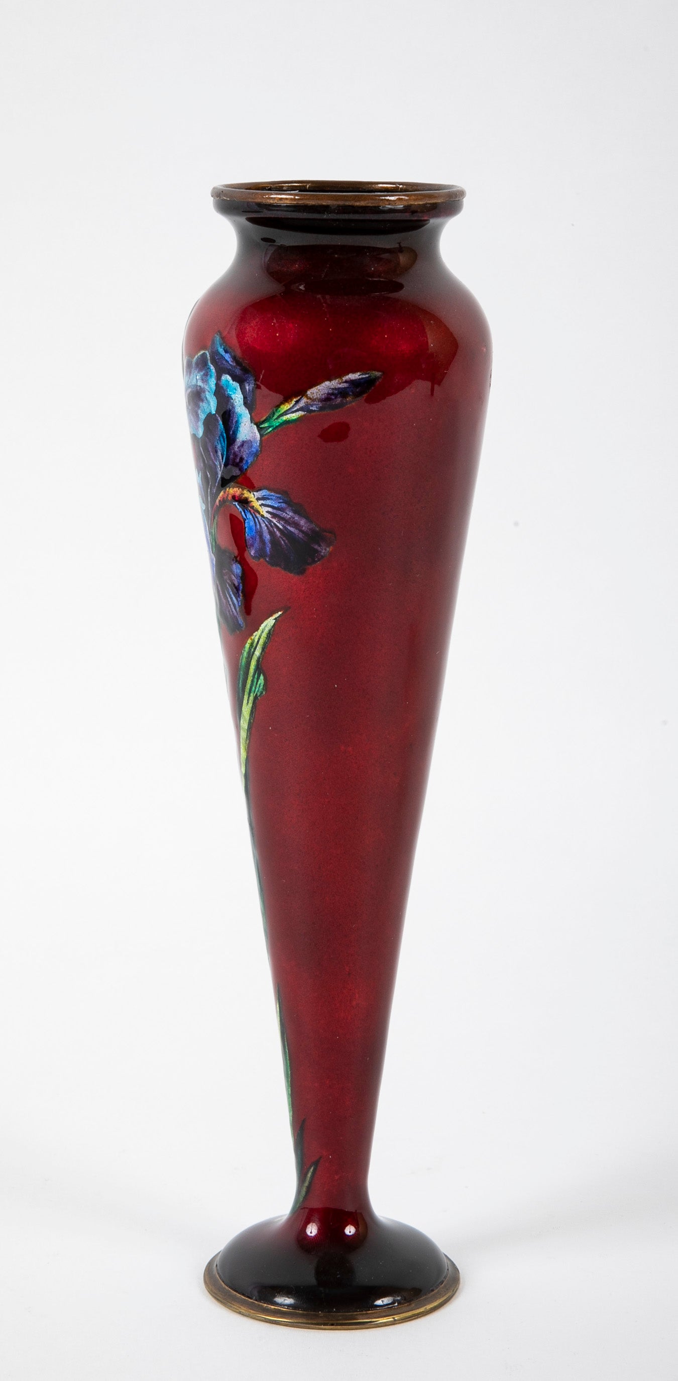 Pair of Signed Camille Faure Enamel on Copper Vases Depicting Iris