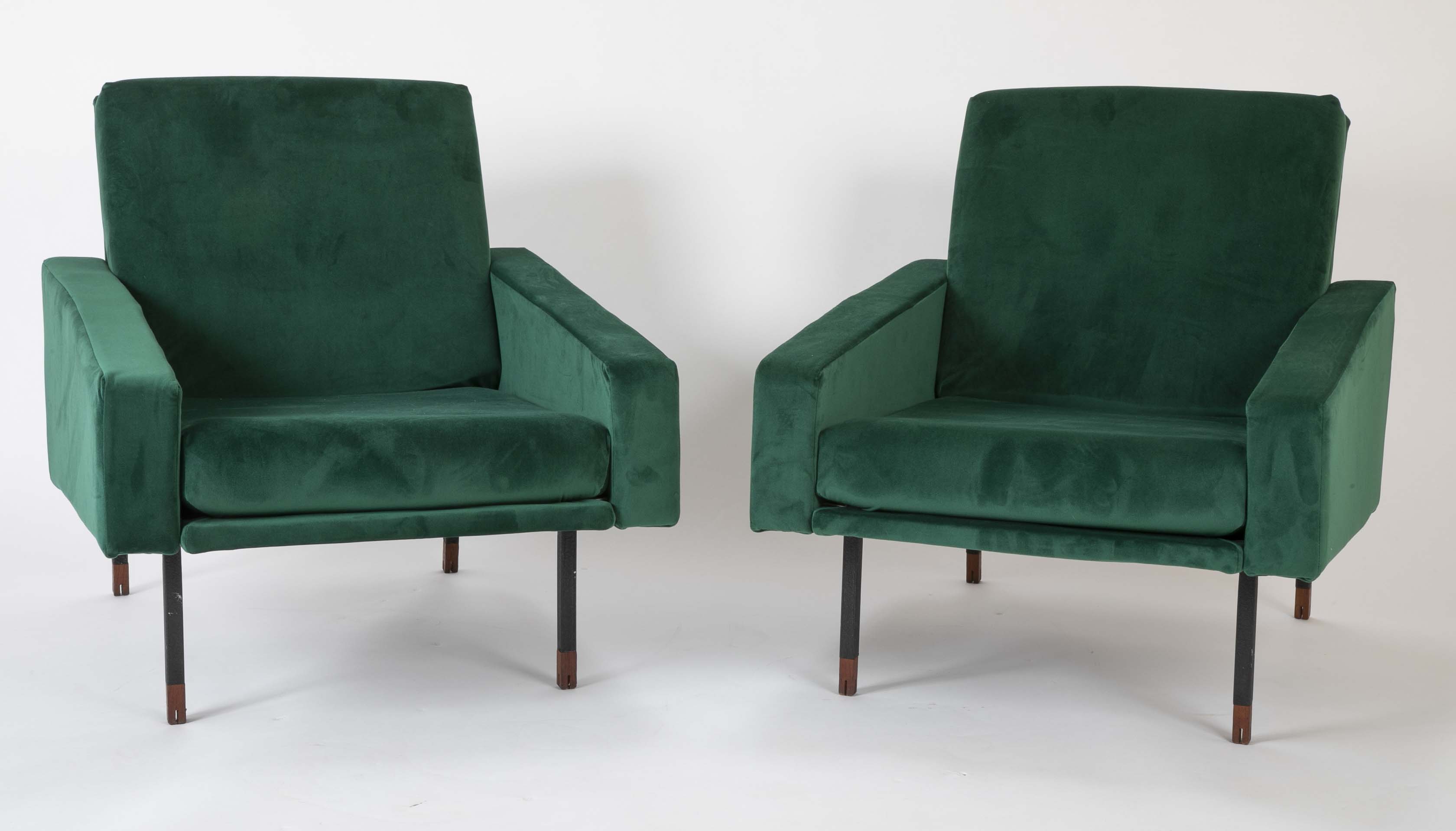 Pair of Upholstered Italian Mid-Century Armchairs with Walnut Tipped Legs