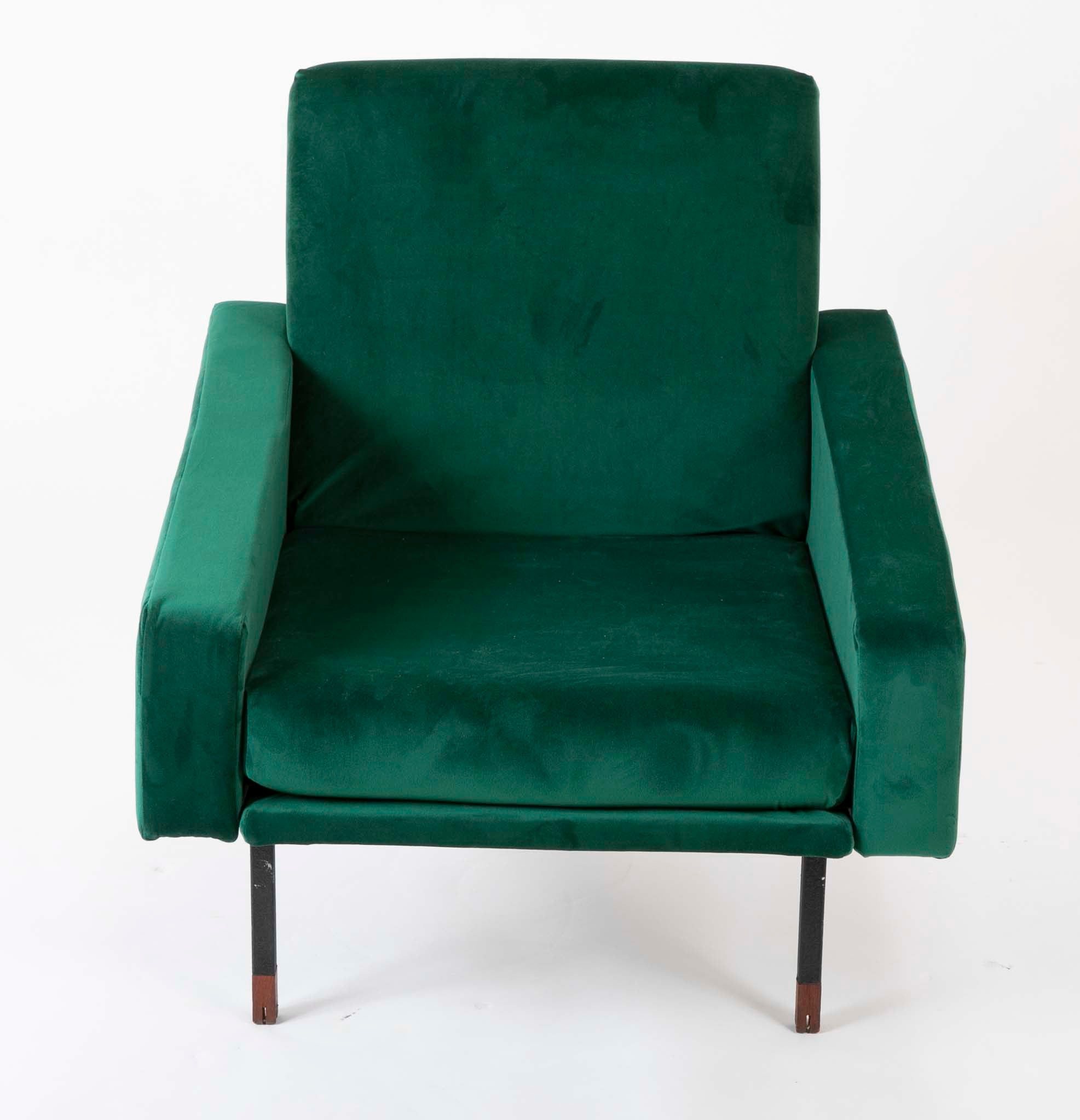 Pair of Upholstered Italian Mid-Century Armchairs with Walnut Tipped Legs