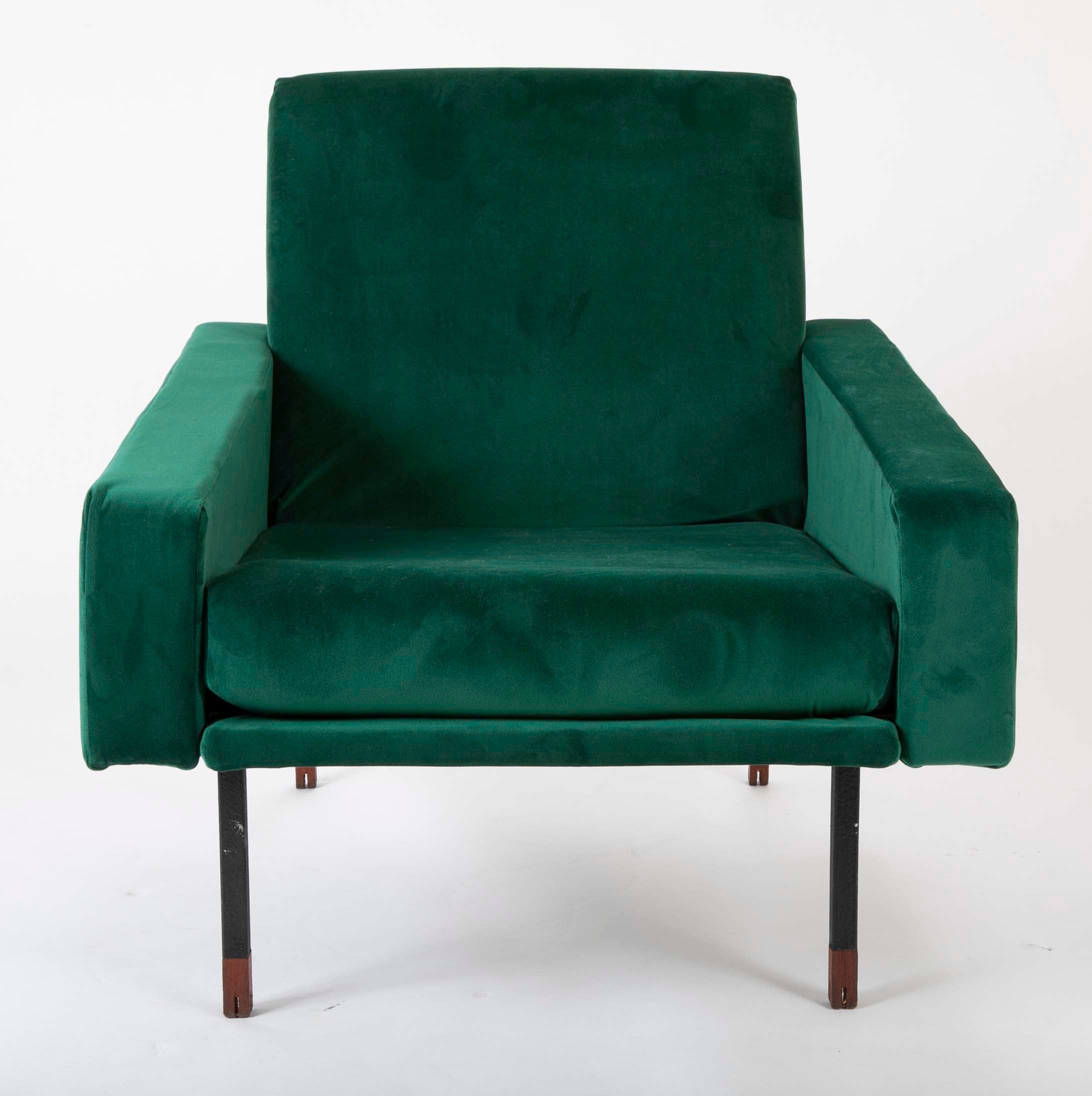 Pair of Upholstered Italian Mid-Century Armchairs with Walnut Tipped Legs