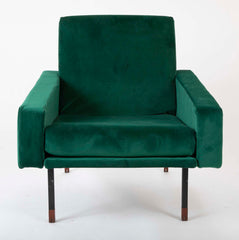 Pair of Upholstered Italian Mid-Century Armchairs with Walnut Tipped Legs