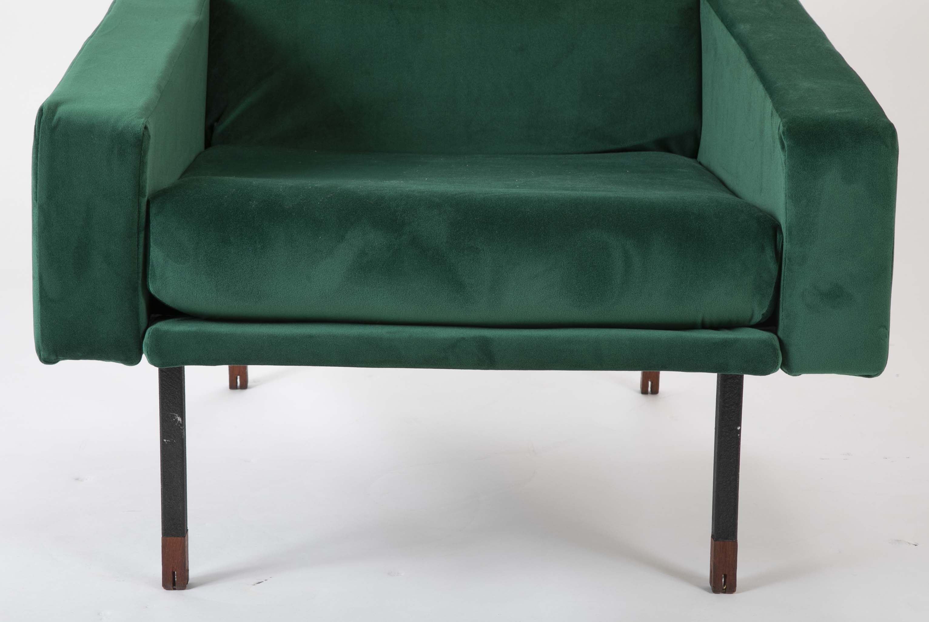 Pair of Upholstered Italian Mid-Century Armchairs with Walnut Tipped Legs