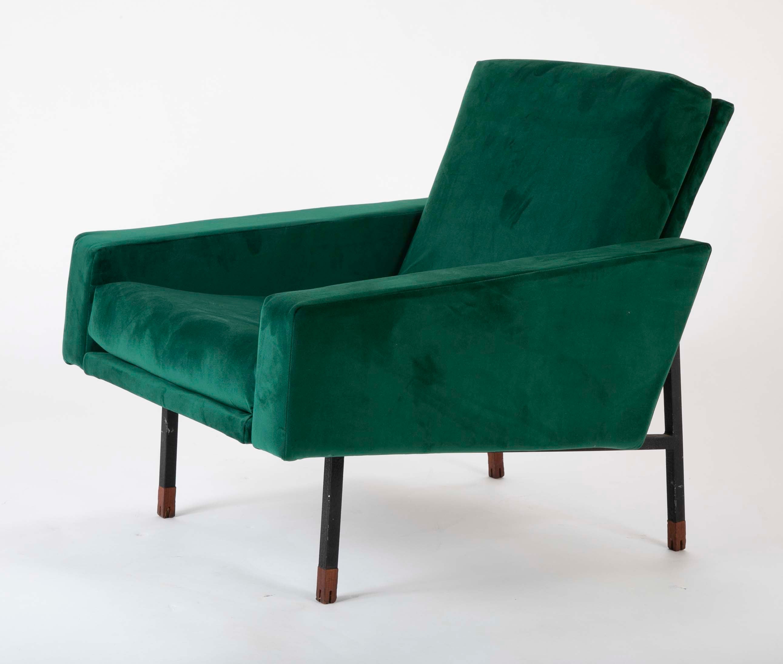 Pair of Upholstered Italian Mid-Century Armchairs with Walnut Tipped Legs