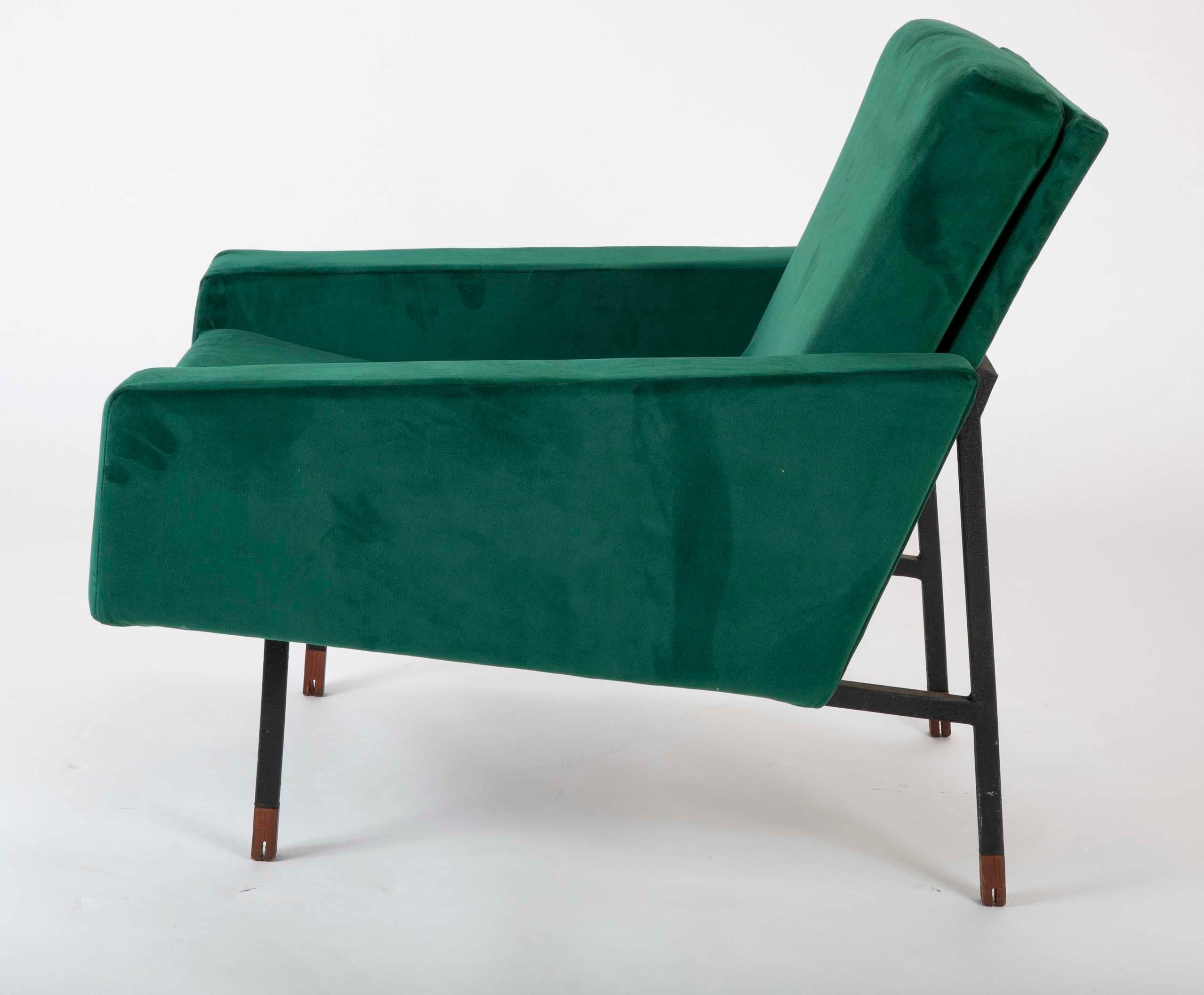 Pair of Upholstered Italian Mid-Century Armchairs with Walnut Tipped Legs