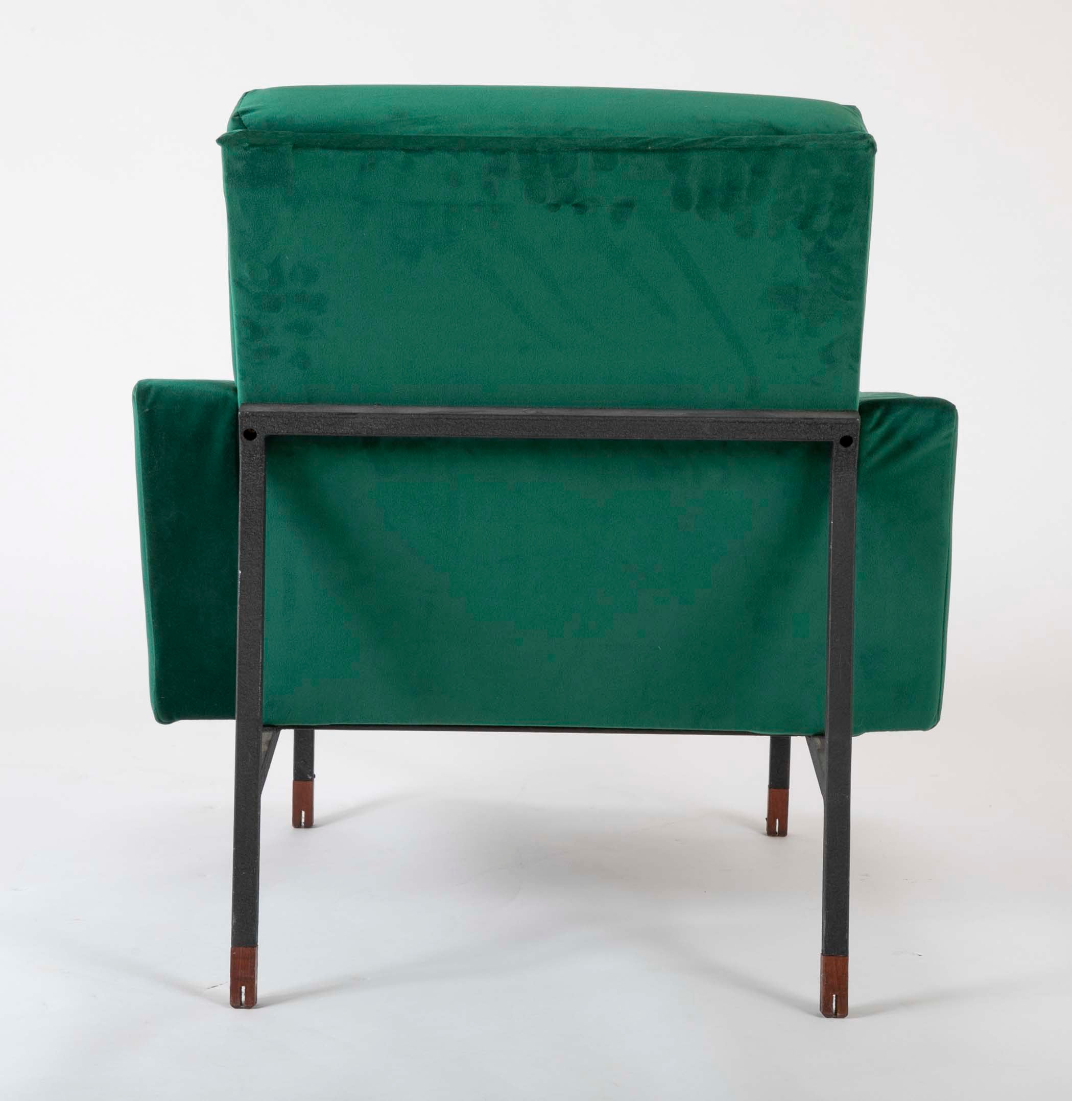 Pair of Upholstered Italian Mid-Century Armchairs with Walnut Tipped Legs