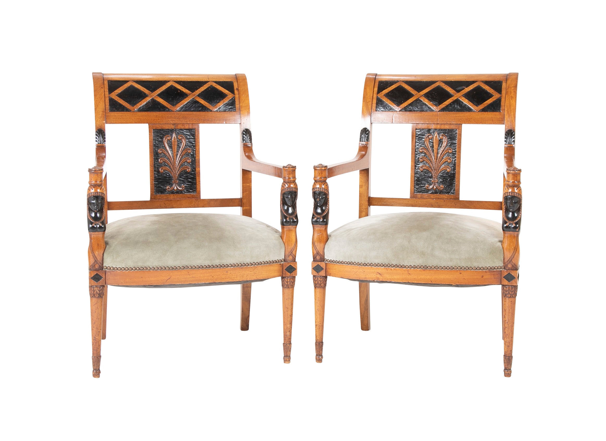 A Pair of Continental Neoclassical Chairs with Carved Egyptian Head on the Arm