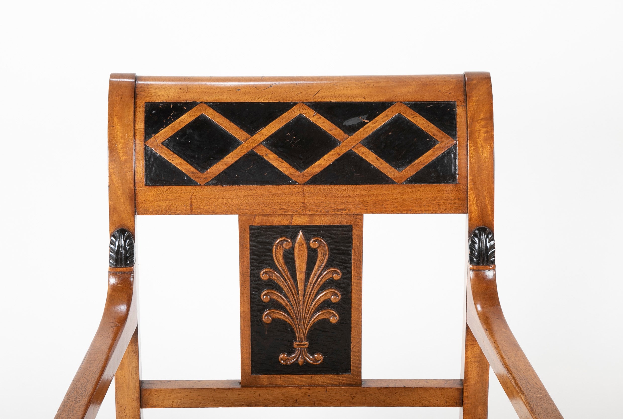 A Pair of Continental Neoclassical Chairs with Carved Egyptian Head on the Arm
