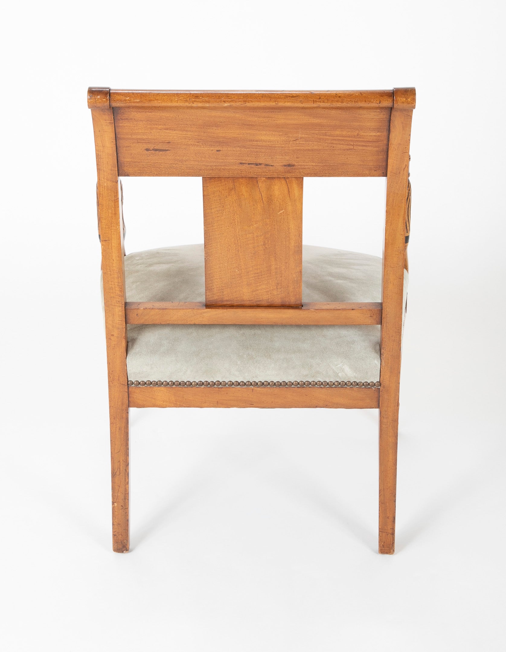 A Pair of Continental Neoclassical Chairs with Carved Egyptian Head on the Arm