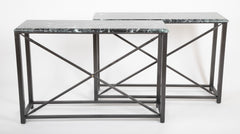 Pair of Neo-Classical Style Steel Console Tables with Marble Tops