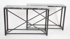 Pair of Neo-Classical Style Steel Console Tables with Marble Tops