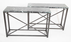 Pair of Neo-Classical Style Steel Console Tables with Marble Tops