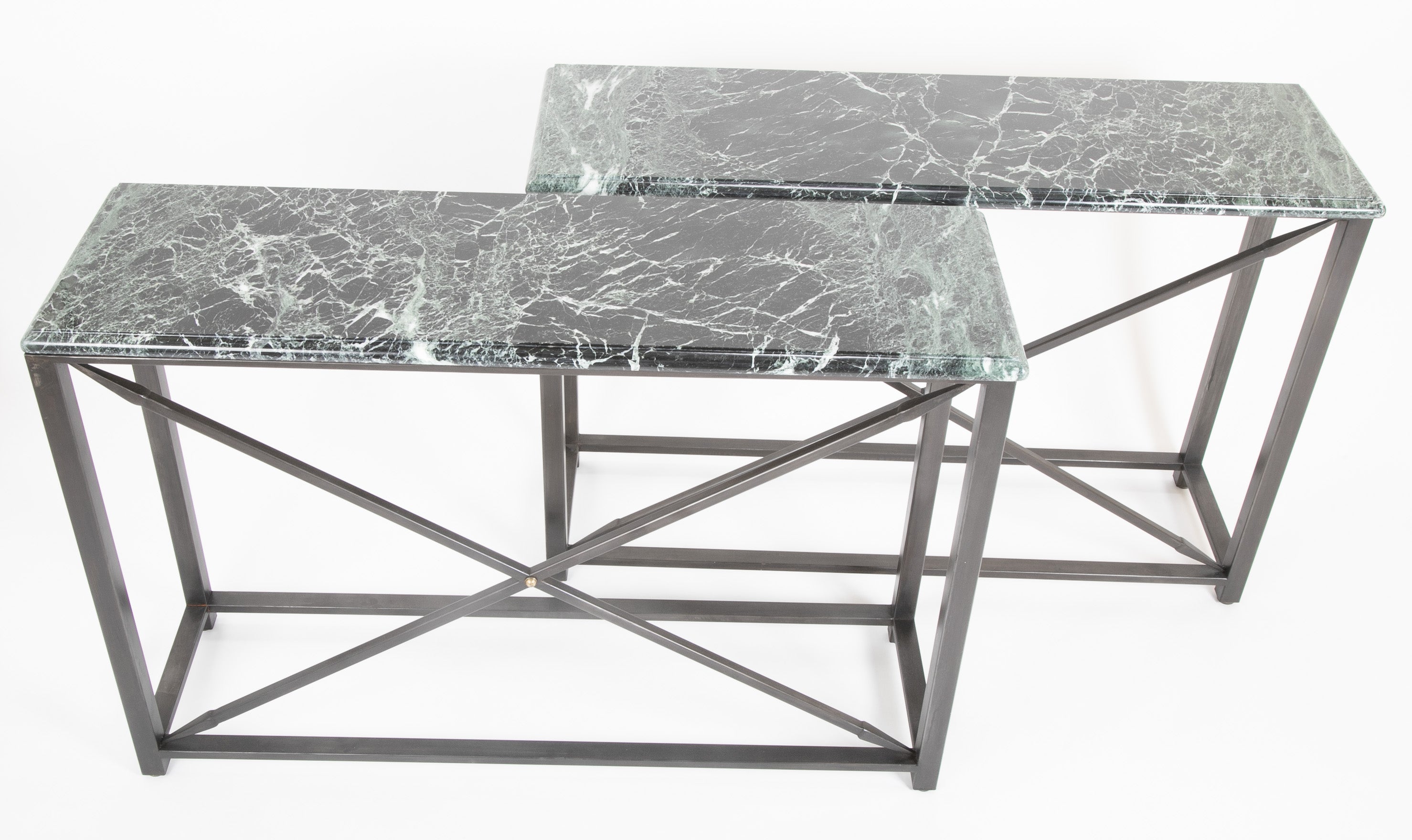 Pair of Neo-Classical Style Steel Console Tables with Marble Tops