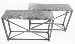 Pair of Neo-Classical Style Steel Console Tables with Marble Tops