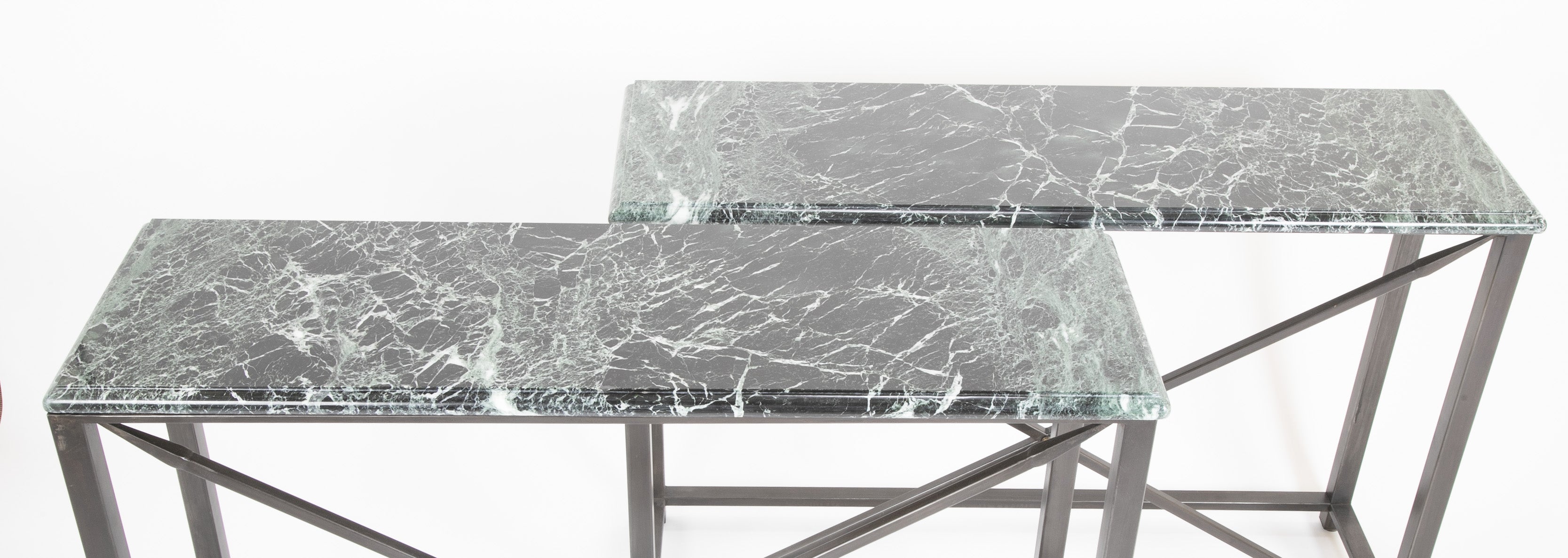 Pair of Neo-Classical Style Steel Console Tables with Marble Tops