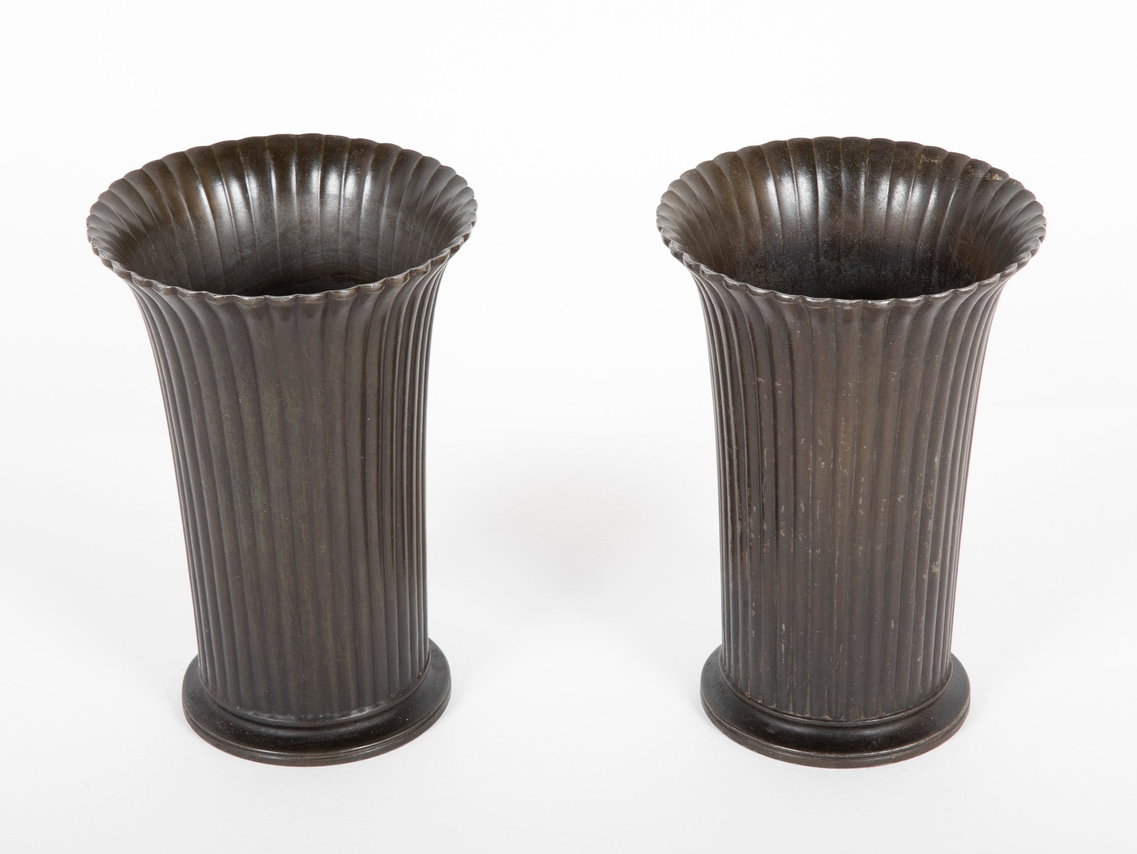Pair of Just Andersen Patinated "Disko" Metal Vases