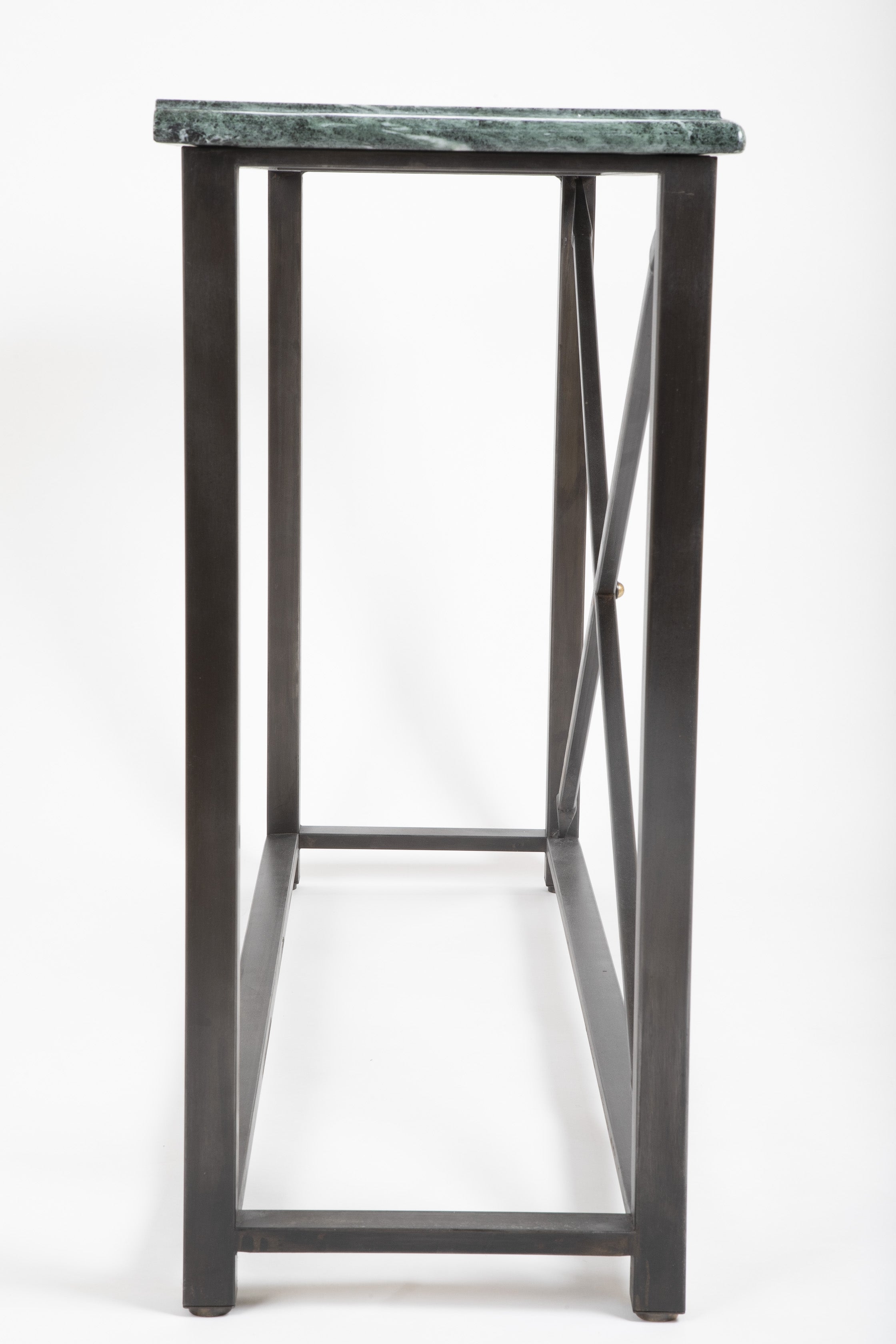 Pair of Neo-Classical Style Steel Console Tables with Marble Tops