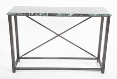 Pair of Neo-Classical Style Steel Console Tables with Marble Tops
