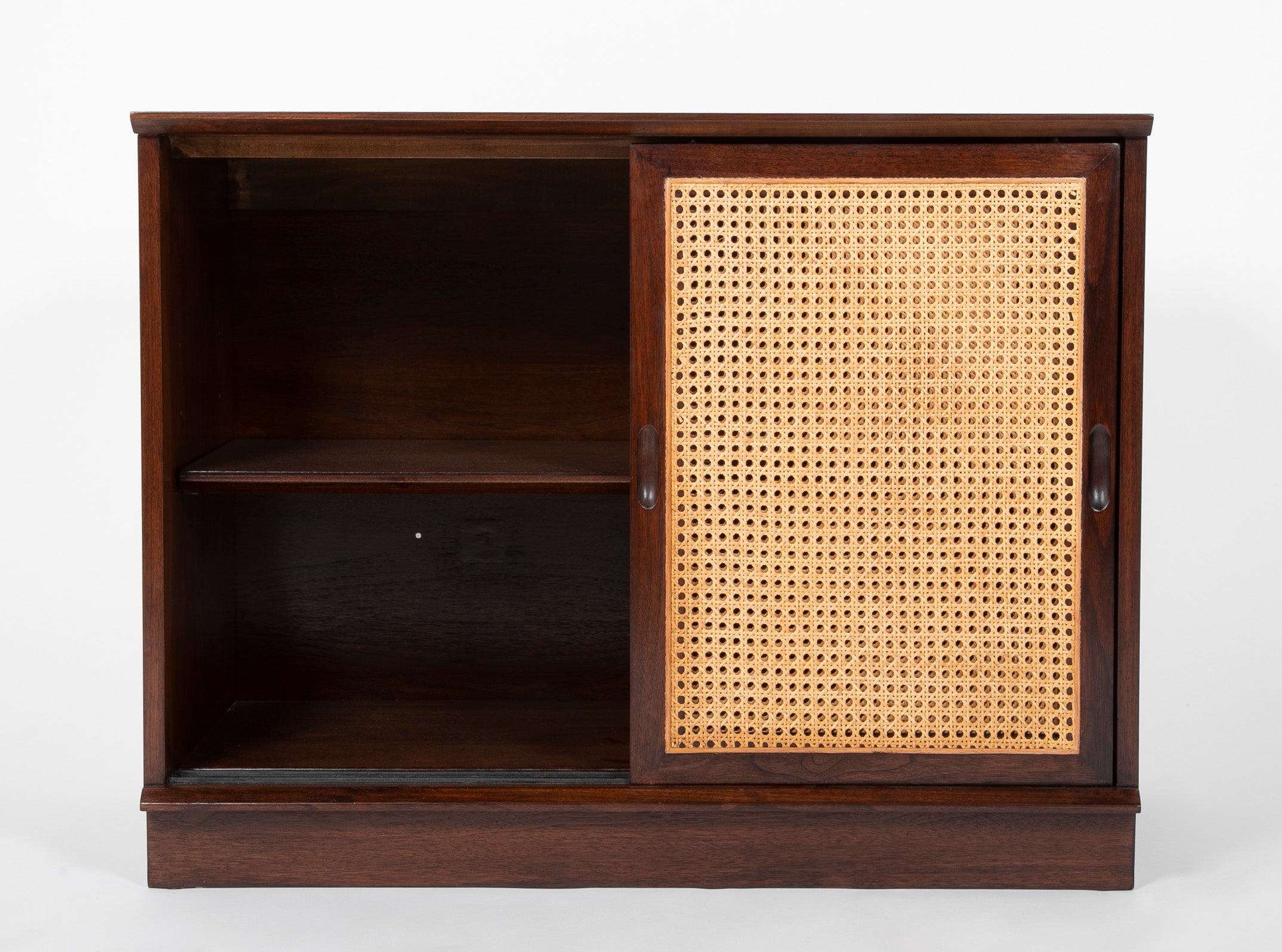 A Pair of Walnut Cabinets with Cane Fronted Sliding Doors
