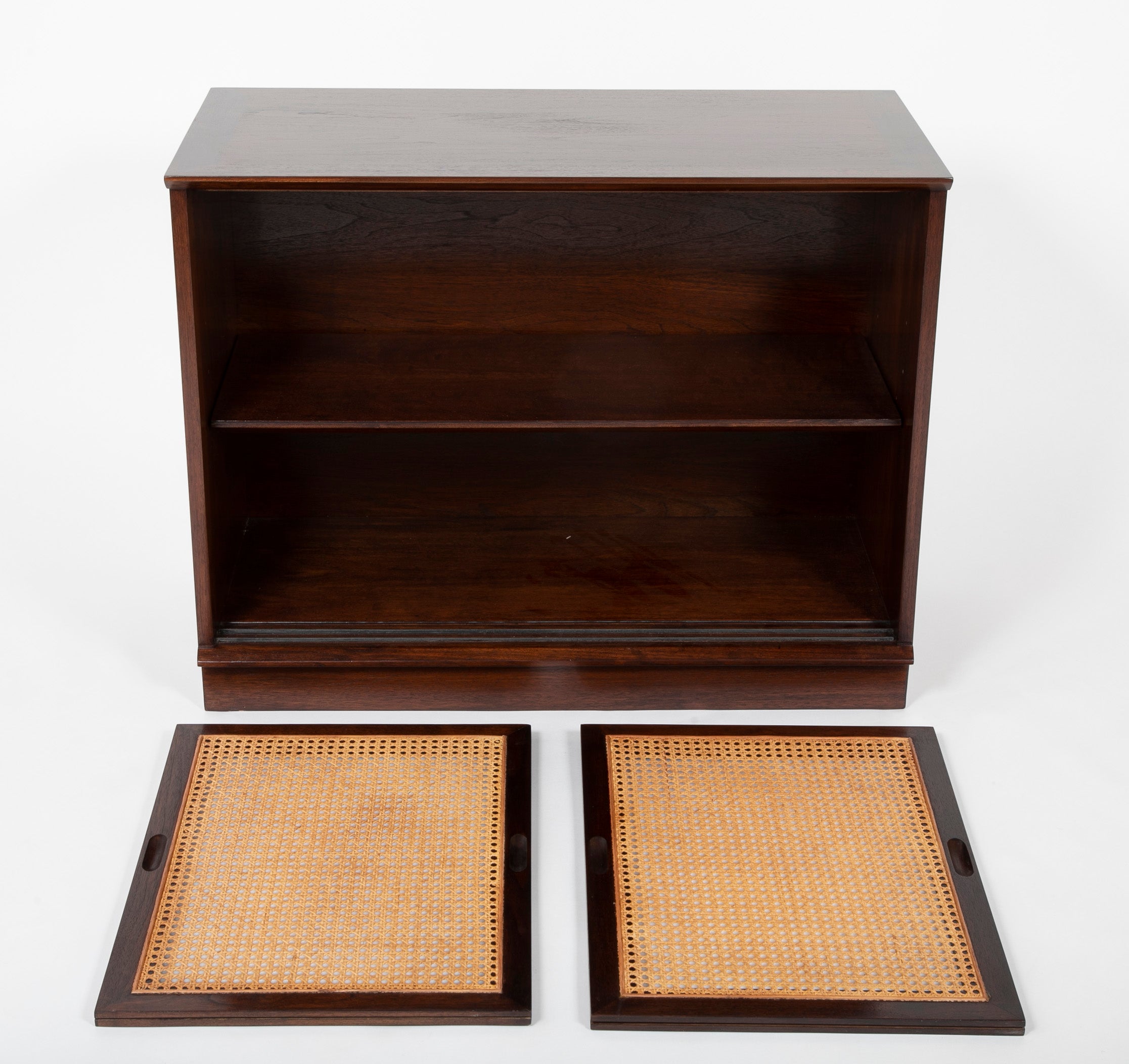 A Pair of Walnut Cabinets with Cane Fronted Sliding Doors