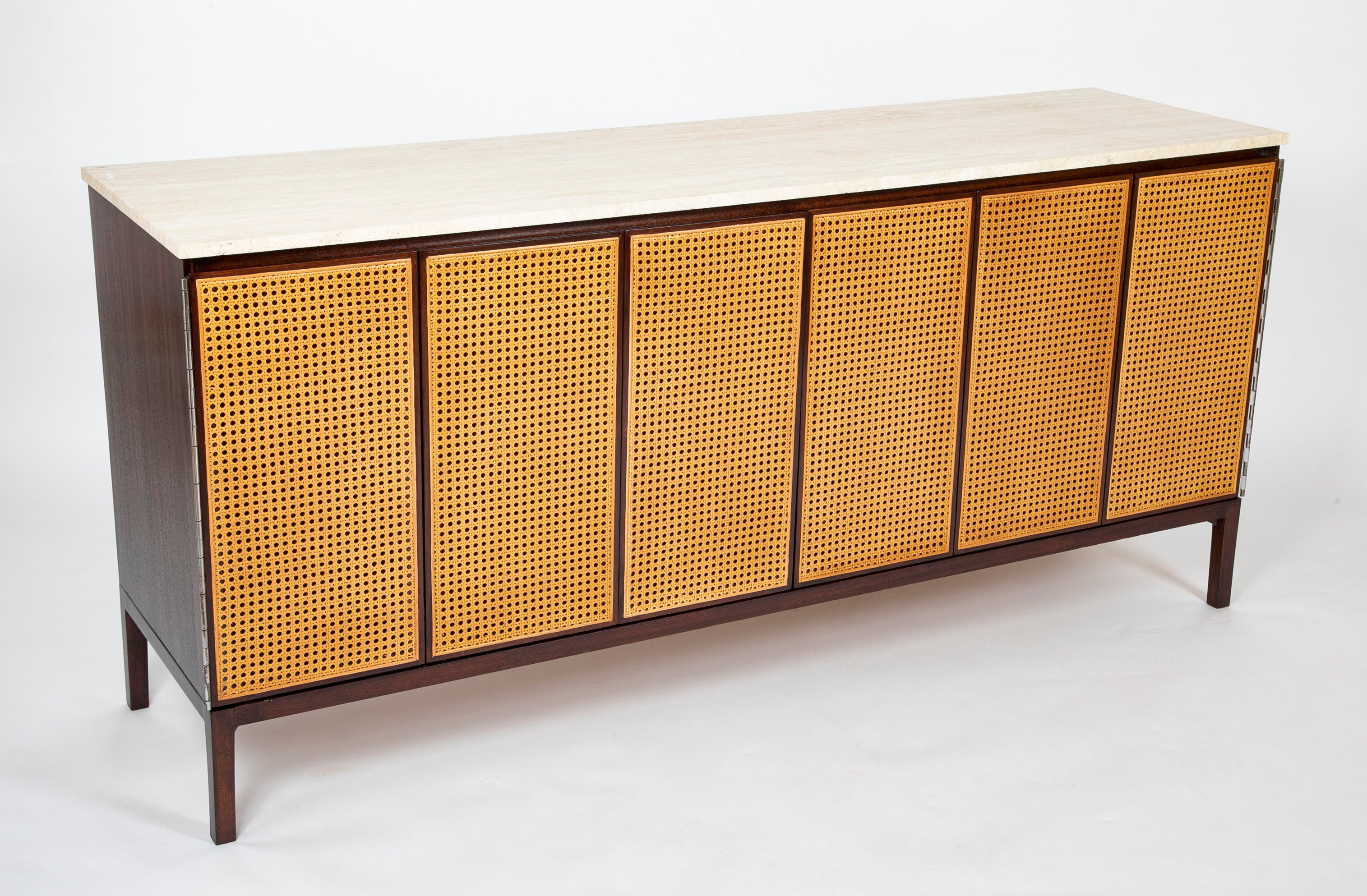 Paul McCobb Travertine Top and Renewed Cane Credenza