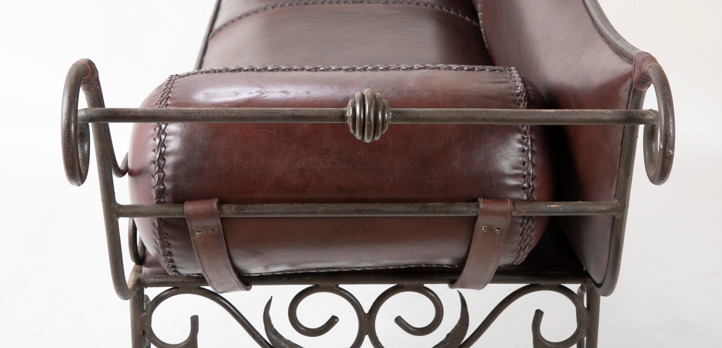 French Wrought Iron and Leather Upholstered Settee