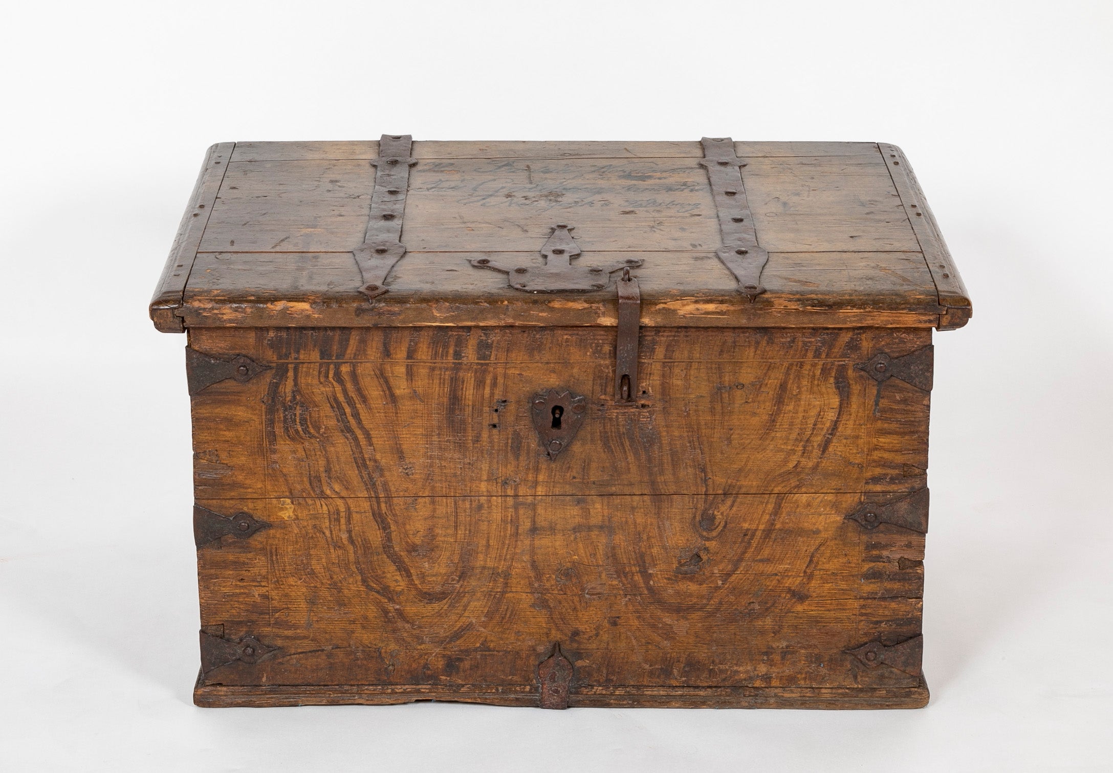A Faux Grain Pine & Hand Wrought Metal Trunk Marked 1778