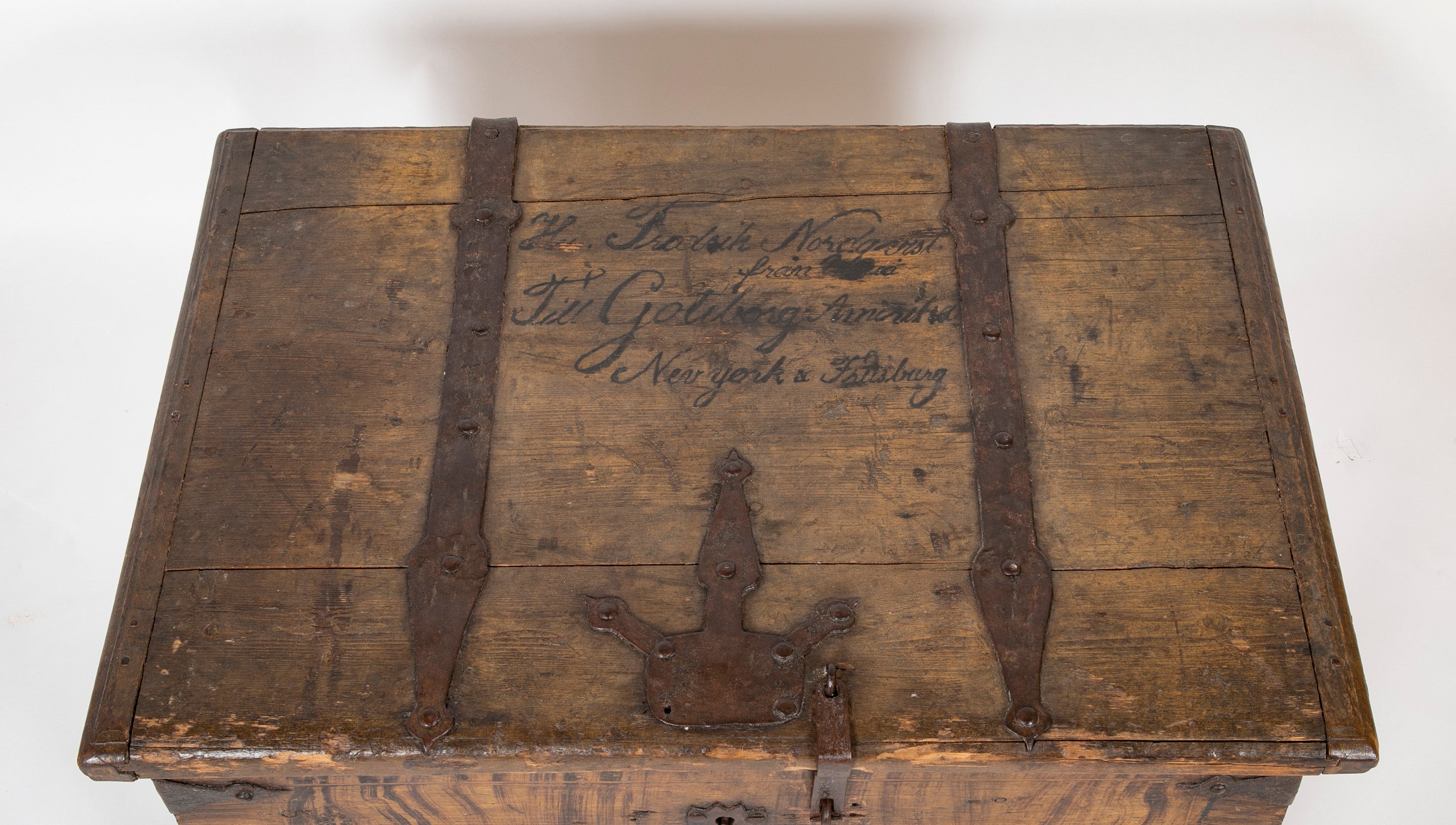 A Faux Grain Pine & Hand Wrought Metal Trunk Marked 1778