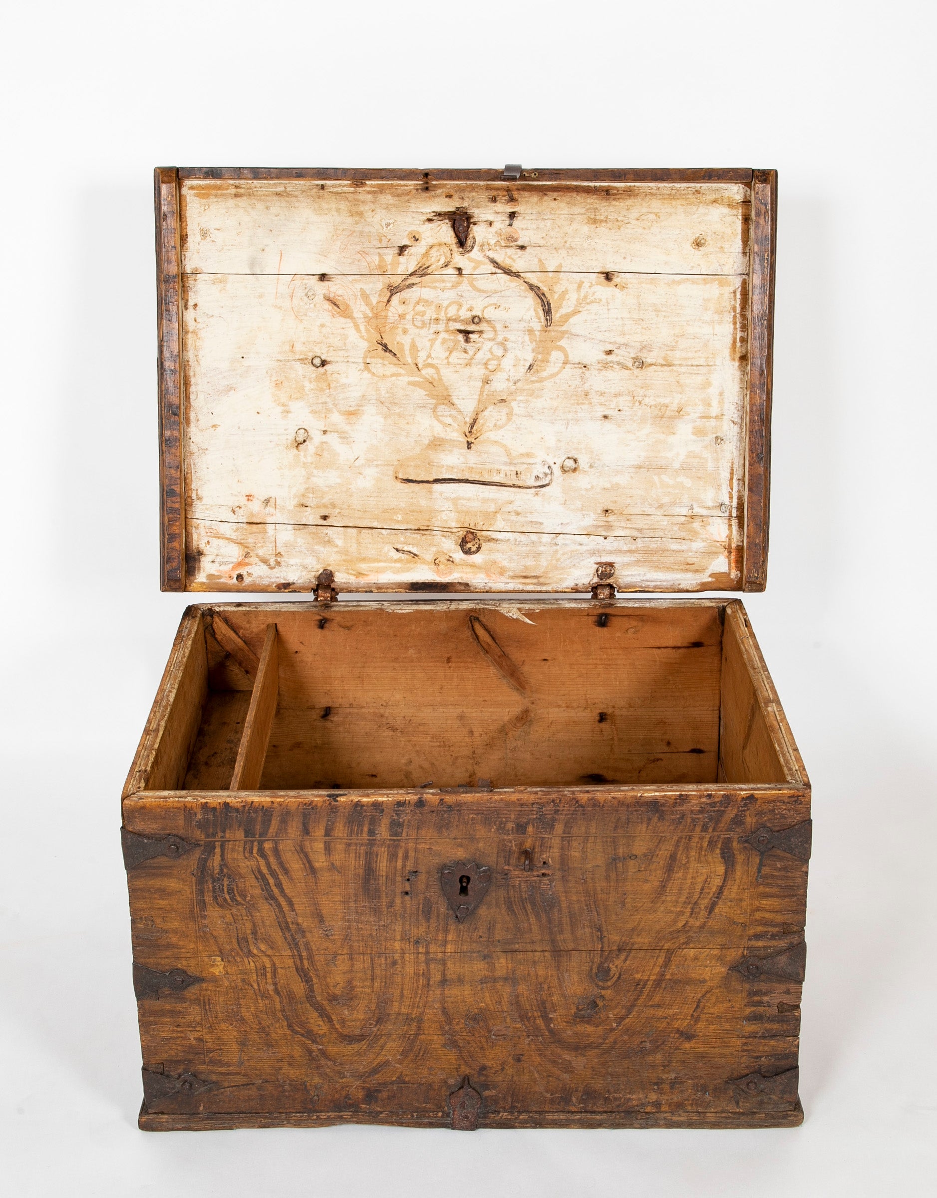 A Faux Grain Pine & Hand Wrought Metal Trunk Marked 1778